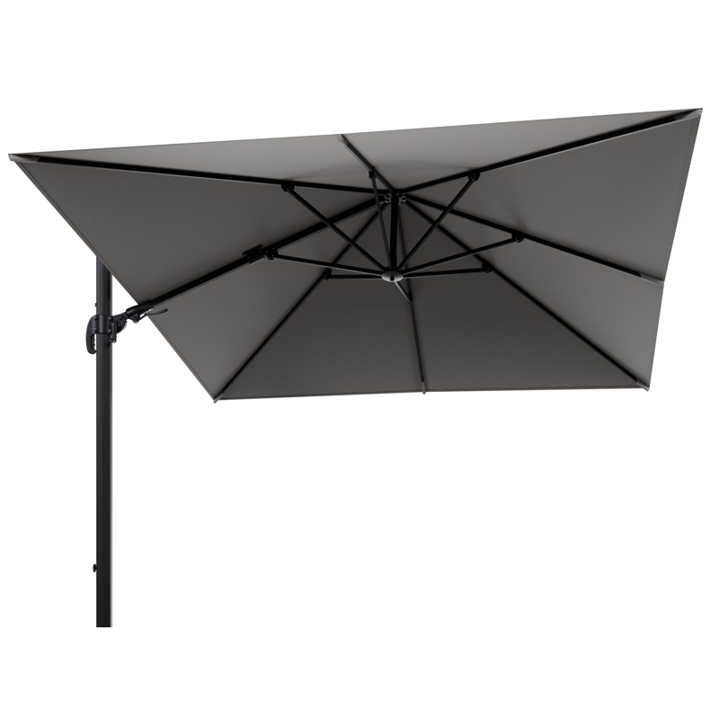 Parasol pendant Avola avec fonction tilt en aluminium noir avec toile de parasol en All Weather Olefin gris - Lg.1 300 x Lg.2 300 cm (sans pied de parasol)