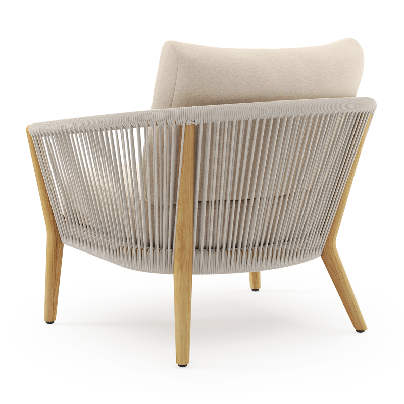 Orso loungestoel in teak en beige verticaal geweven ronde rope met Heritage Papyrus all weather sunbrella® luxe kussen