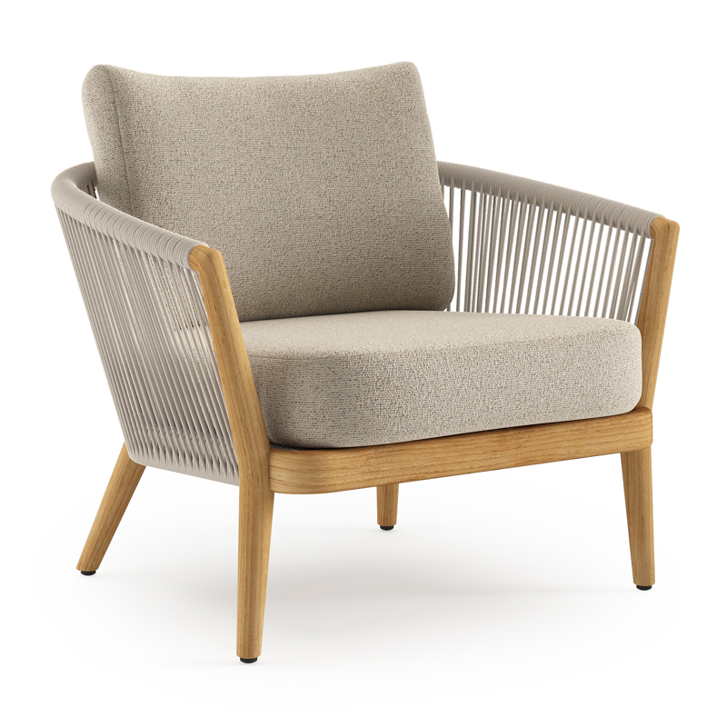 Orso loungestoel in teak en beige verticaal geweven ronde rope met Marbella Beige all weather cosytica kussen
