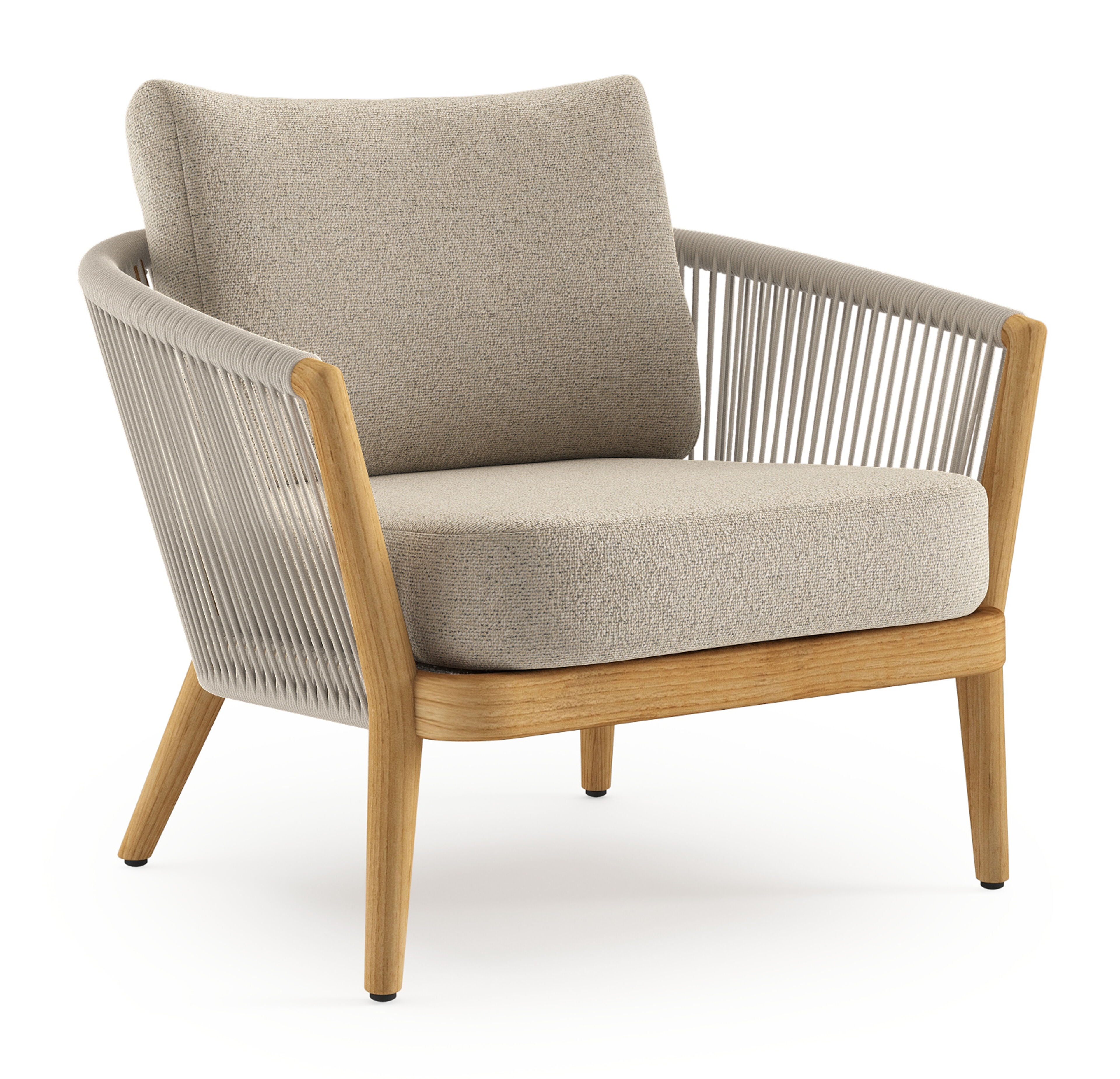 Fauteuil de jardin Orso en tecken corde ronde tissée verticalement beige et coussins en all weather cosytica Marbella Beige
