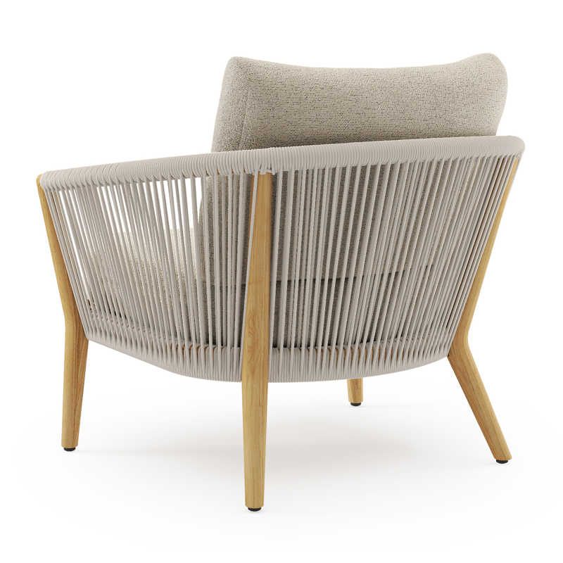 Orso loungestoel in teak en beige verticaal geweven ronde rope met Marbella Beige all weather cosytica kussen