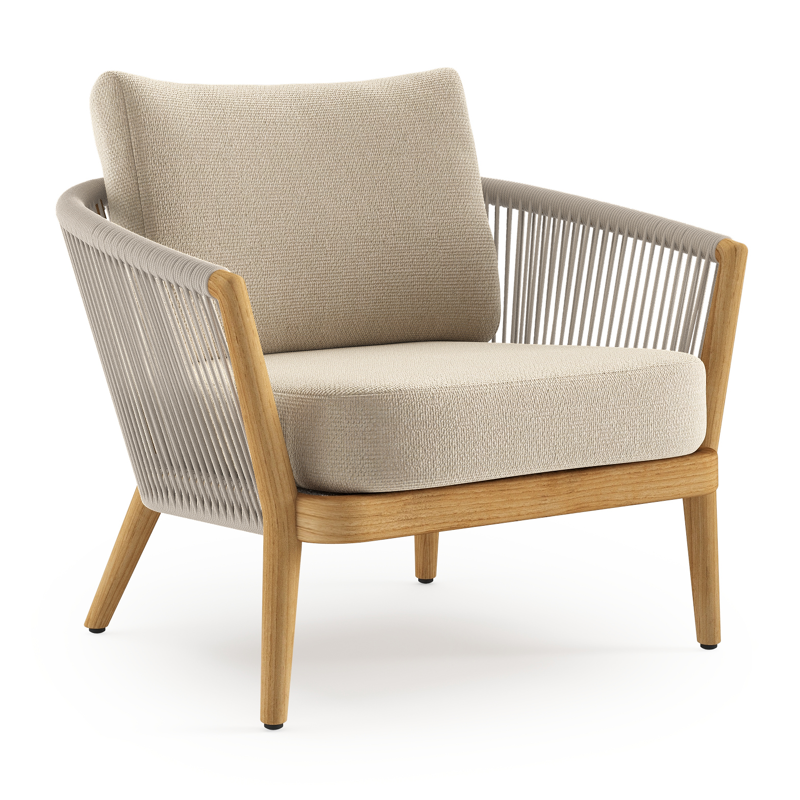 Orso loungestoel in teak en beige verticaal geweven ronde rope met Althea Chalk all weather cosytica kussen