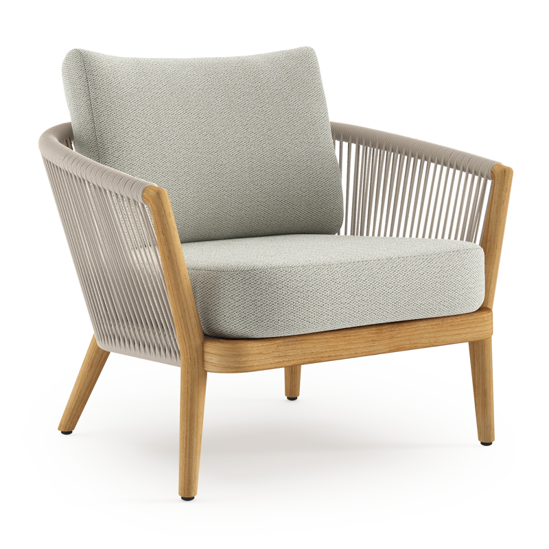 Orso loungestoel in teak en beige verticaal geweven ronde rope met Lopi Bud all weather sunbrella® luxe kussen