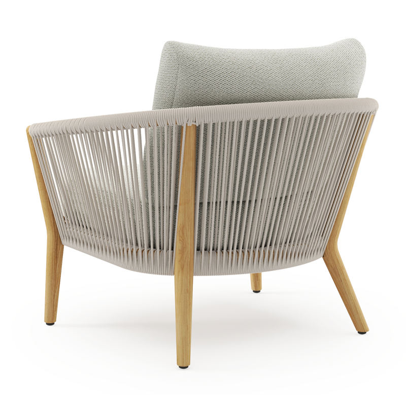 Orso loungestoel in teak en beige verticaal geweven ronde rope met Lopi Bud all weather sunbrella® luxe kussen