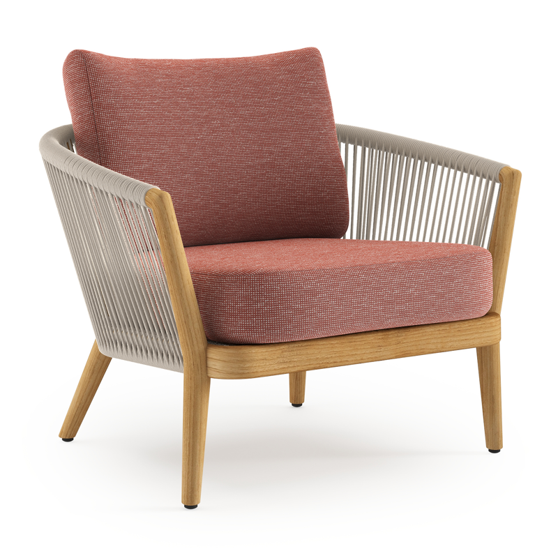 Orso loungestoel in teak en beige verticaal geweven ronde rope met Slow Alezan all weather sunbrella® luxe kussen