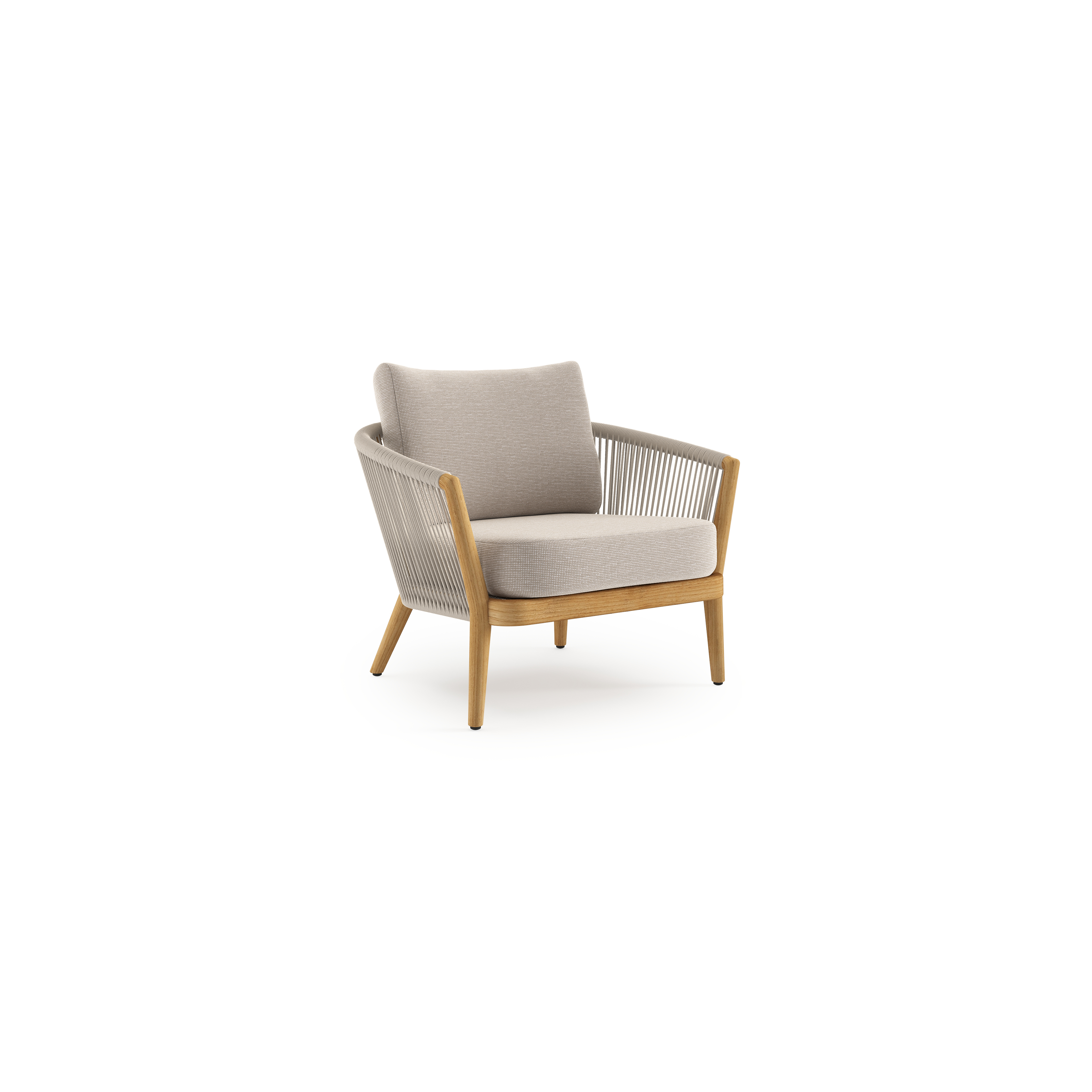 Orso loungestoel in teak en beige verticaal geweven ronde rope met Slow Farafra all weather sunbrella® luxe kussen