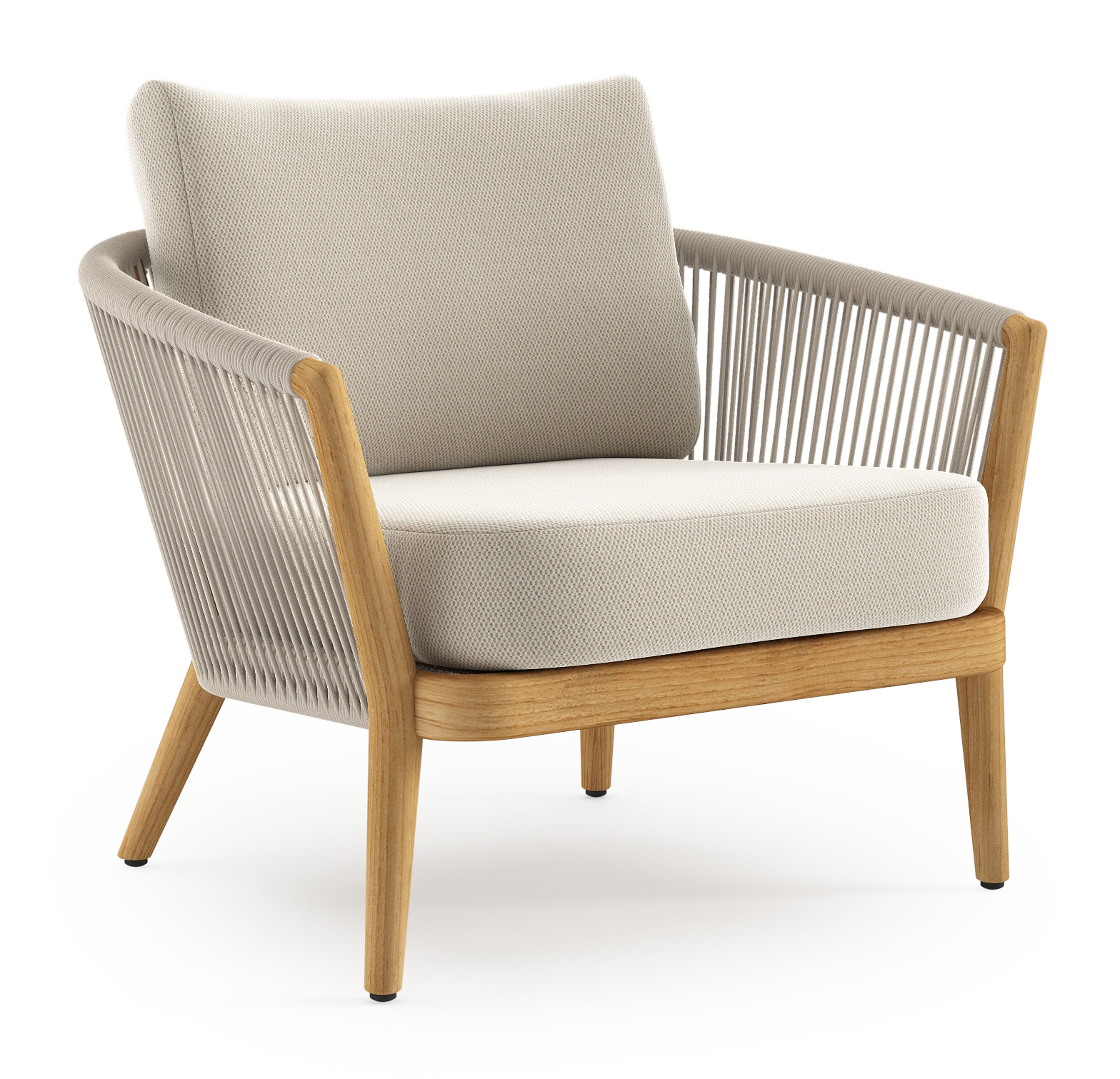 Fauteuil de jardin Orso 1-pl en teck et corde beige avec coussin en all weather sunbrella® luxe lopi marble
