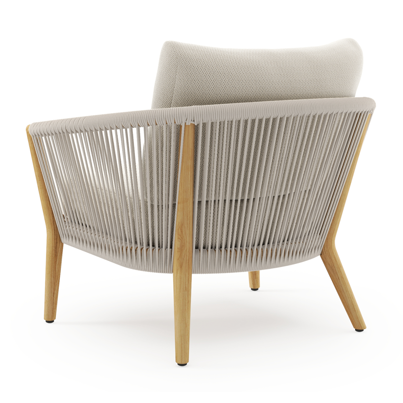 Fauteuil de jardin Orso 1-pl en teck et corde beige avec coussin en all weather sunbrella® luxe lopi marble
