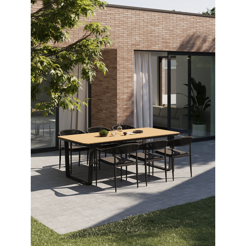 Ensemble de jardin Alora rectangulaire arrondi en aluminium noir et polywood avec 6 chaises de jardin Guarda empilables