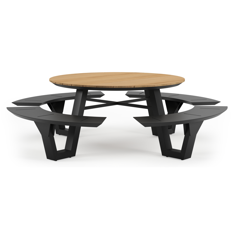Table de pique-nique Rondino en aluminium noir et teck - Diam. 236 x Haut. 72 cm