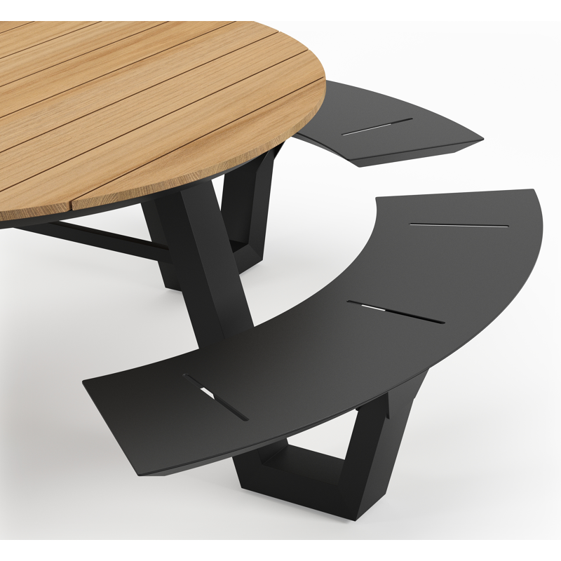 Table de pique-nique Rondino en aluminium noir et teck - Diam. 236 x Haut. 72 cm