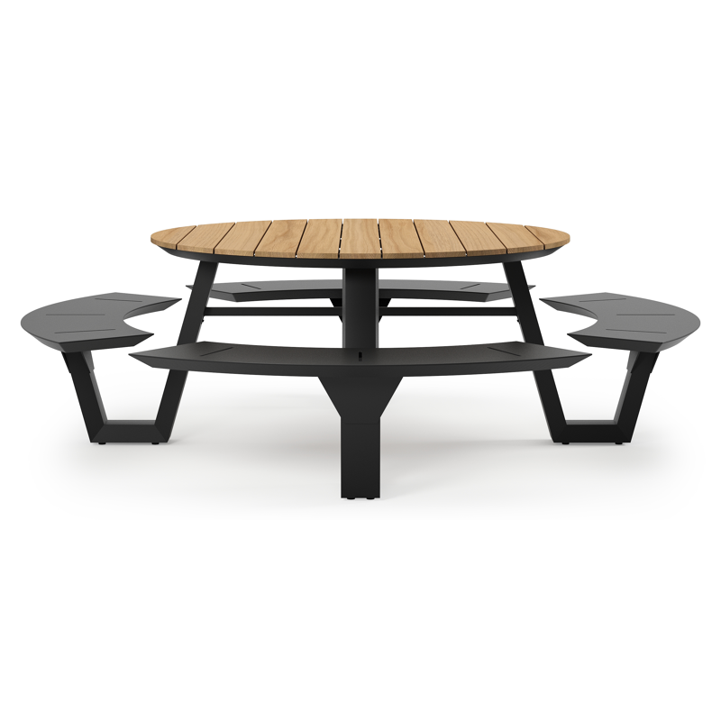 Table de pique-nique Rondino en aluminium noir et teck - Diam. 236 x Haut. 72 cm