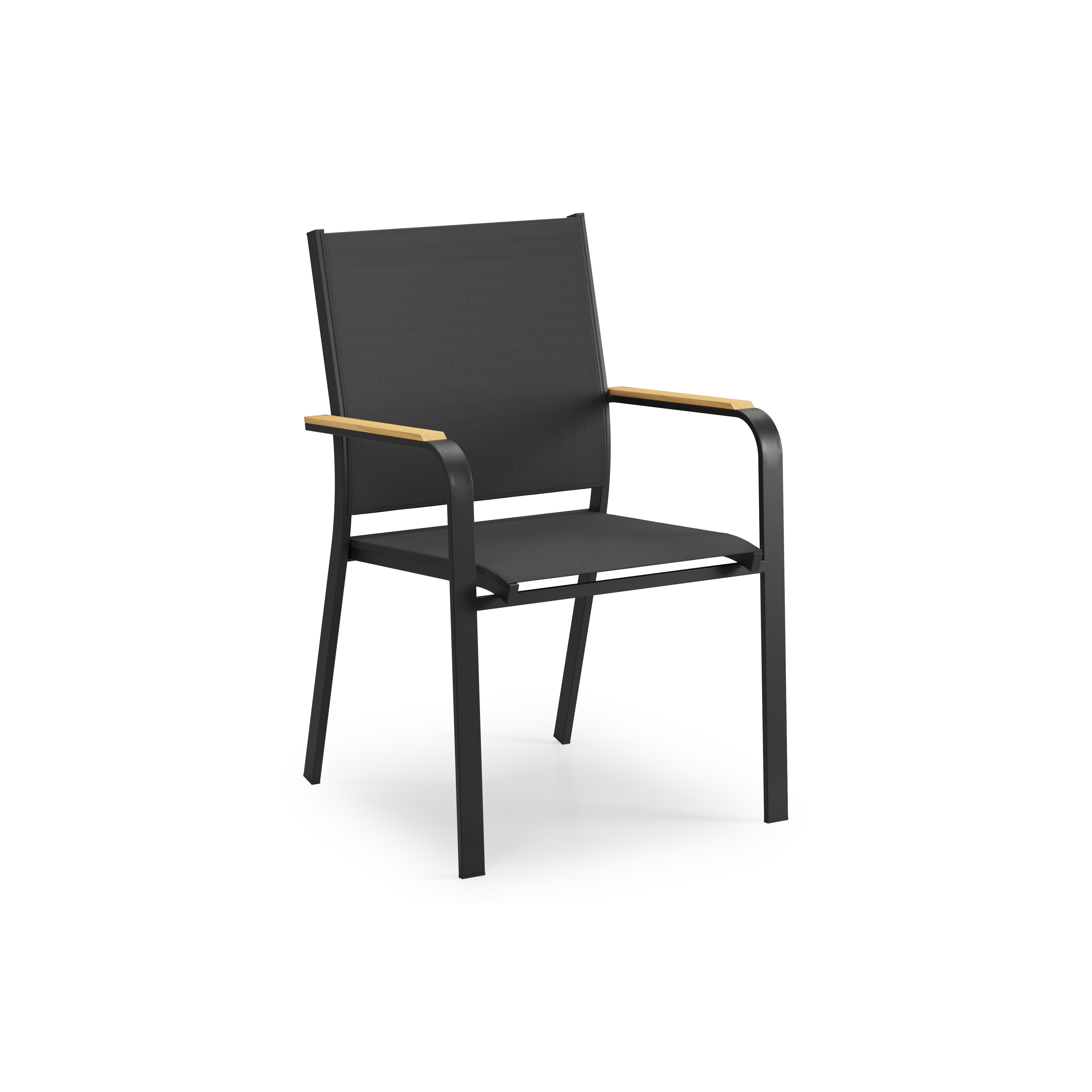 Chaise de jardin empilable Amalfi in aluminium noir et textilène noir et accoudoir en teck armleuning