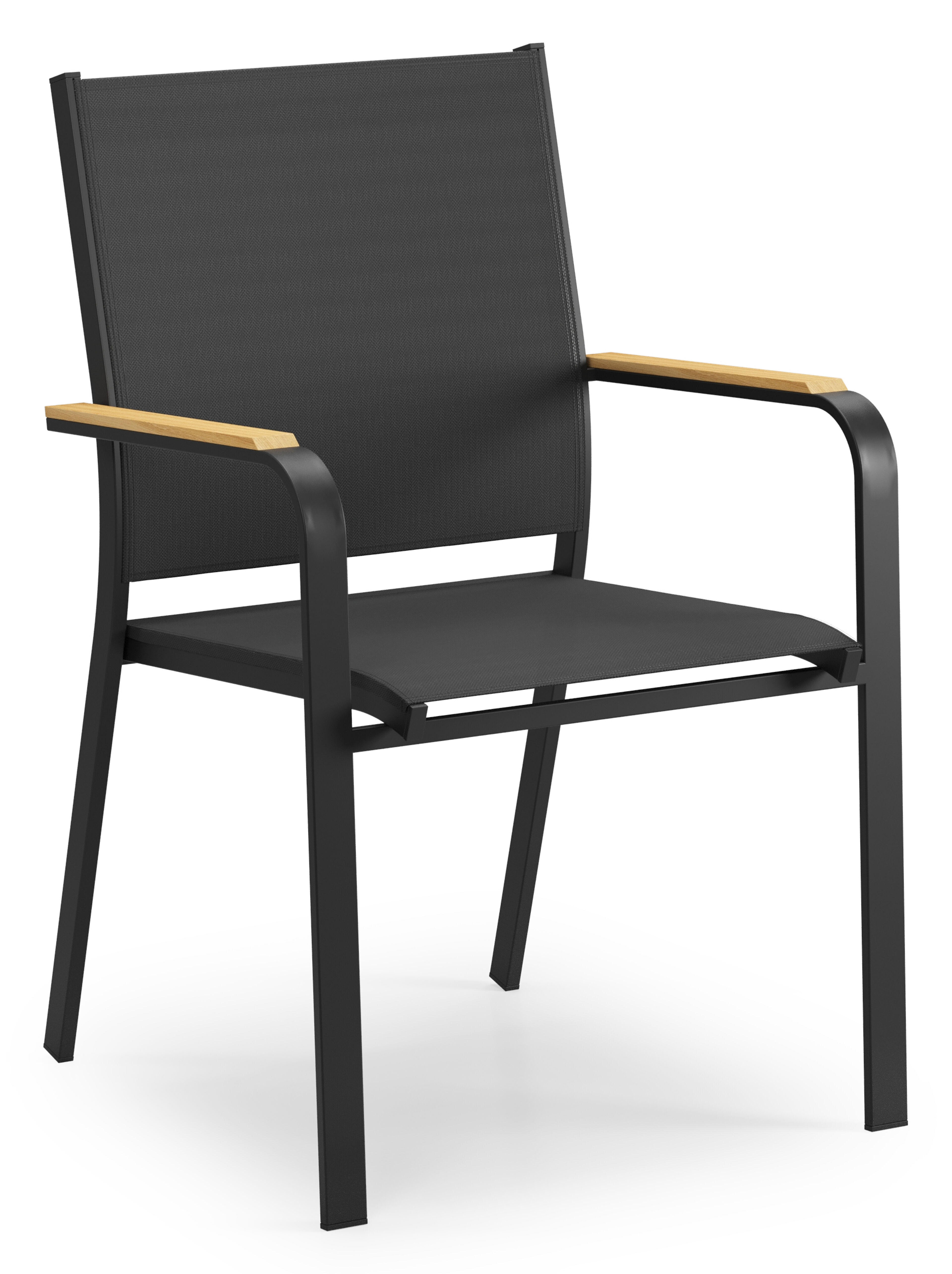 Chaise de jardin empilable Amalfi in aluminium noir et textilène noir et accoudoir en teck armleuning