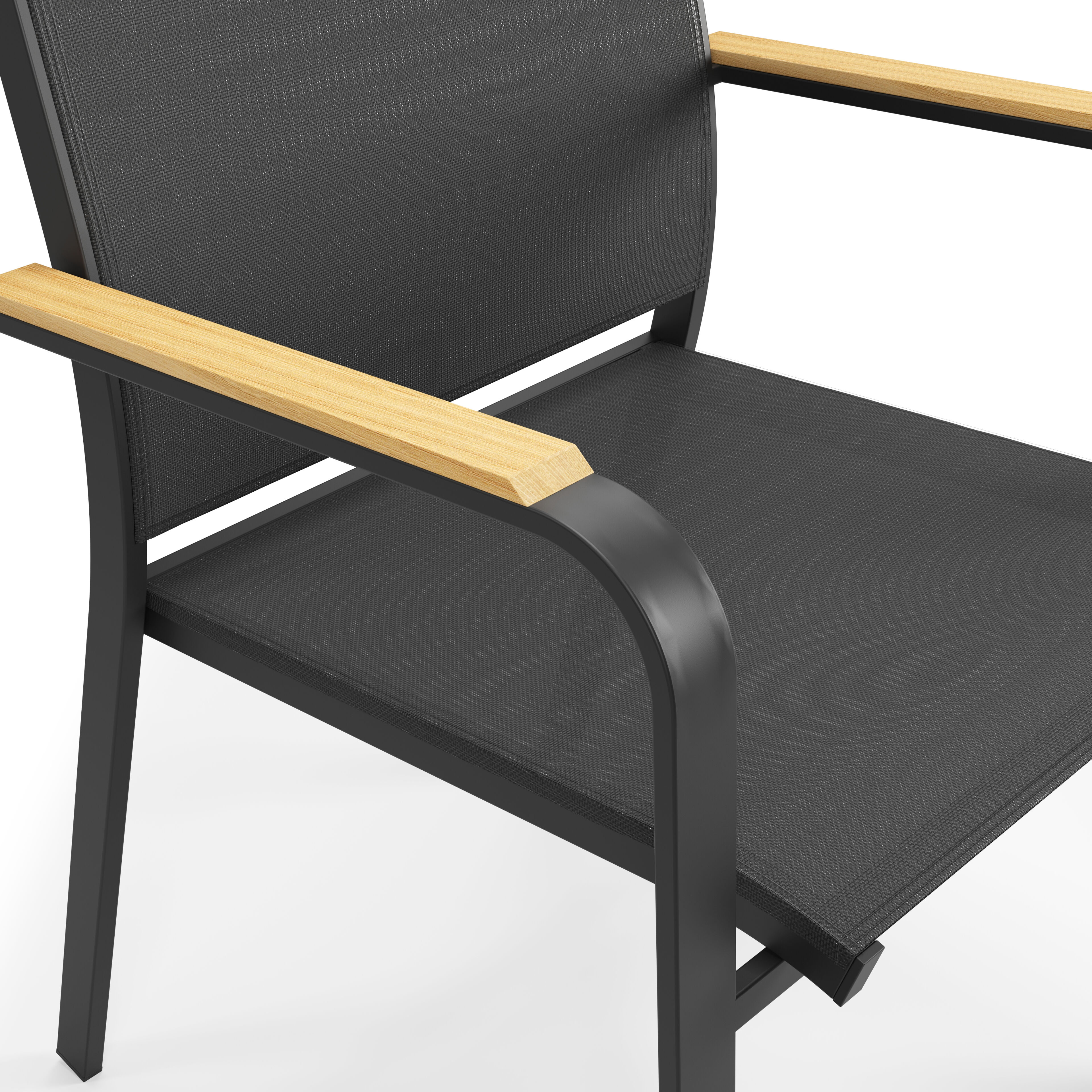 Chaise de jardin empilable Amalfi in aluminium noir et textilène noir et accoudoir en teck armleuning