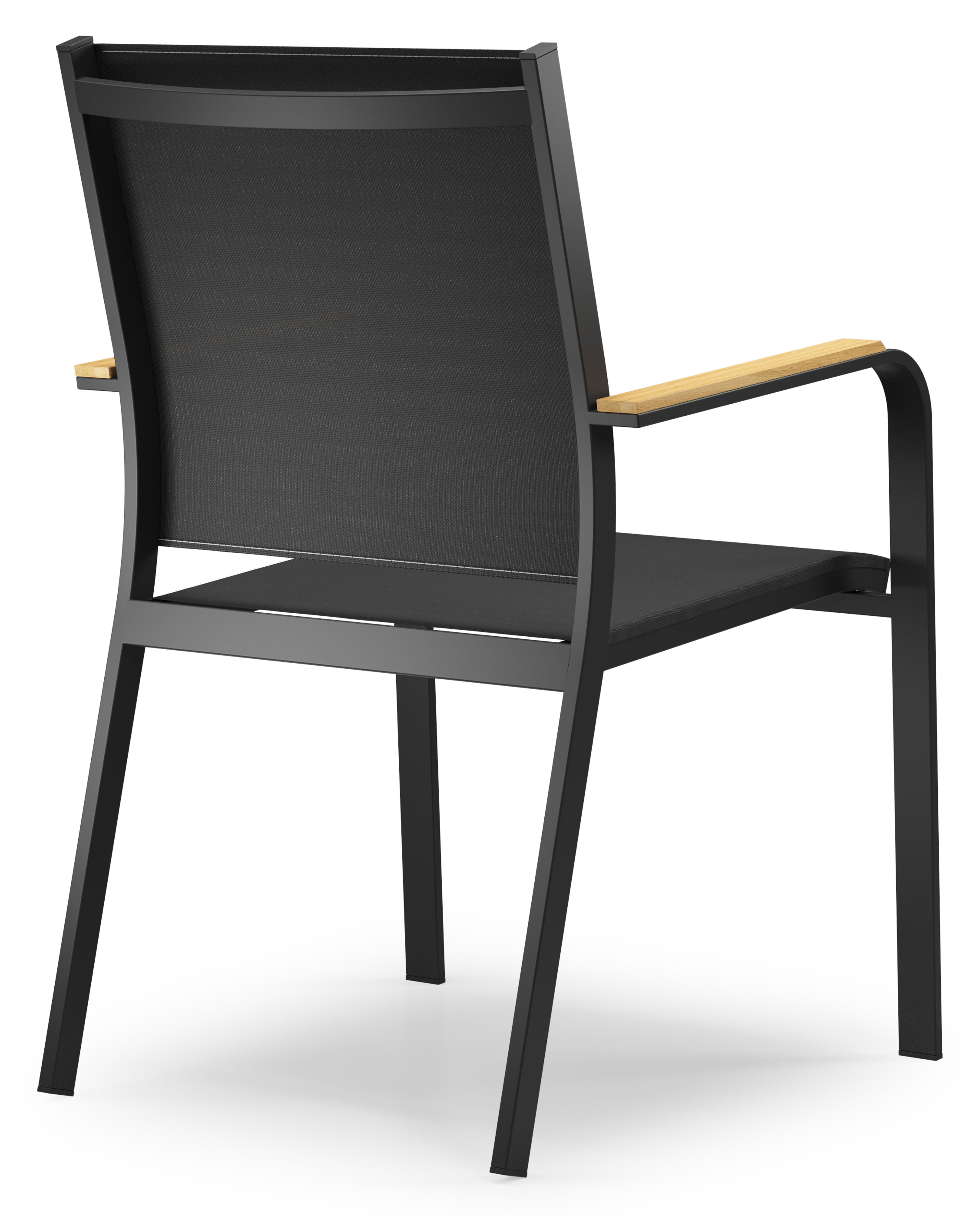 Chaise de jardin empilable Amalfi in aluminium noir et textilène noir et accoudoir en teck armleuning