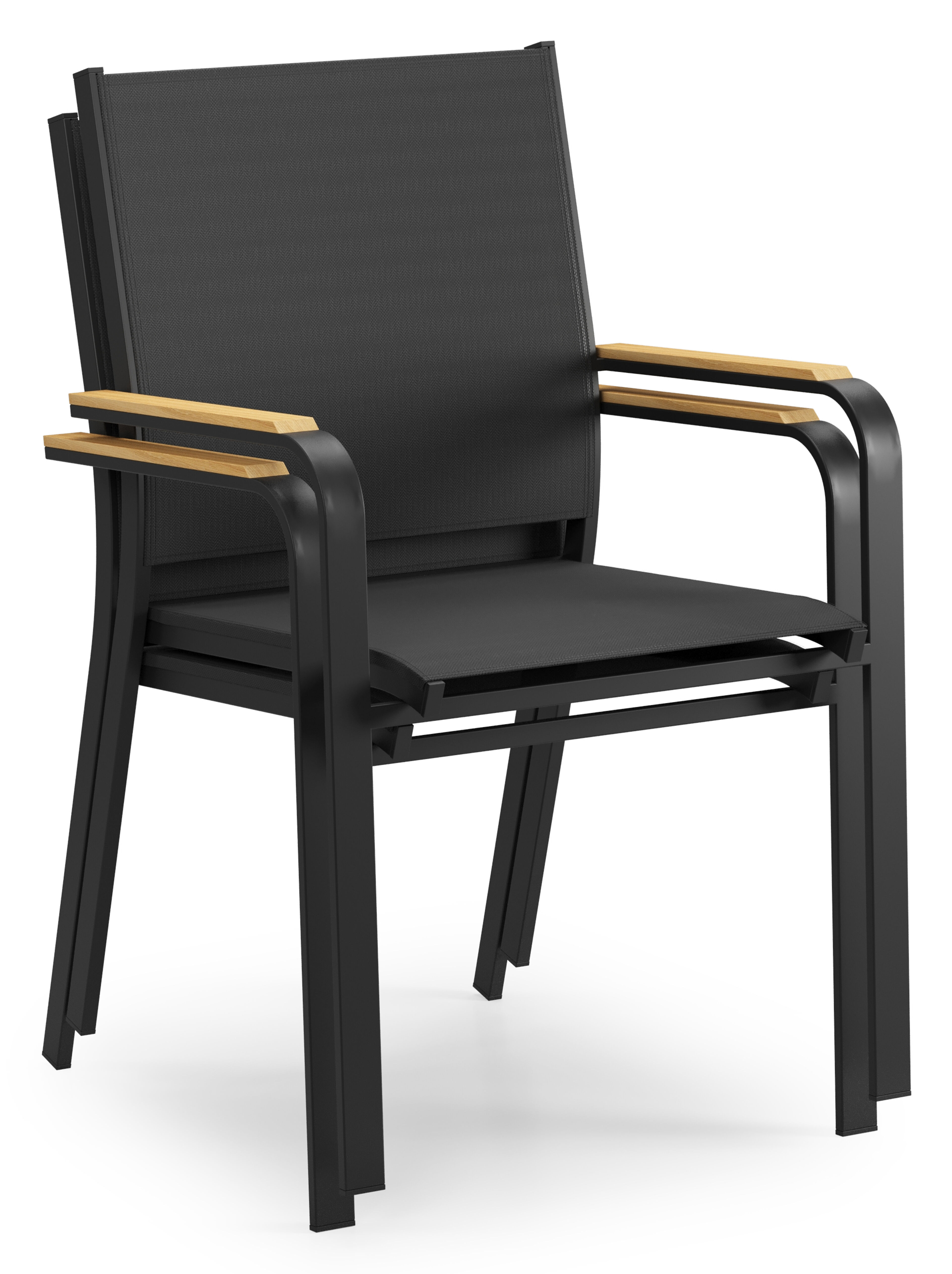 Chaise de jardin empilable Amalfi in aluminium noir et textilène noir et accoudoir en teck armleuning