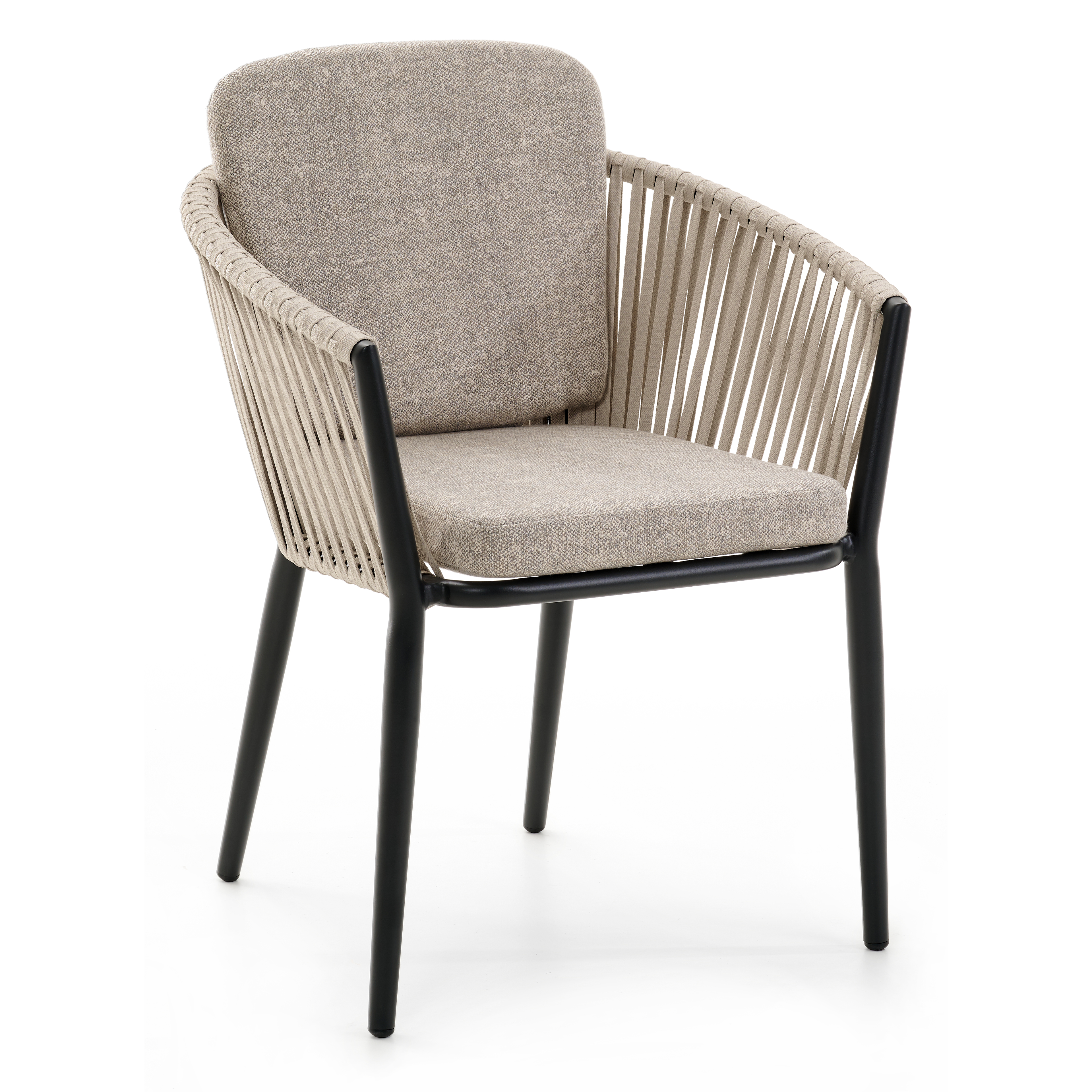 Orso tuinstoel in zwart aluminium en beige verticaal geweven rope met kussen in chartres pewter all weather sunbrella® luxe