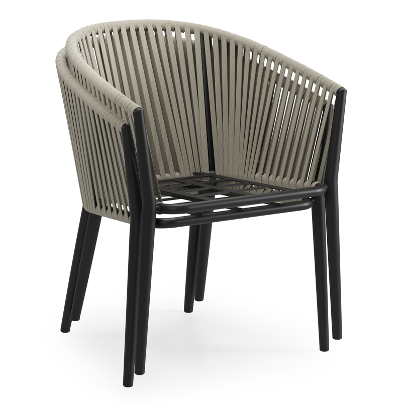 Orso tuinstoel in zwart aluminium en beige verticaal geweven rope met kussen in chartres pewter all weather sunbrella® luxe