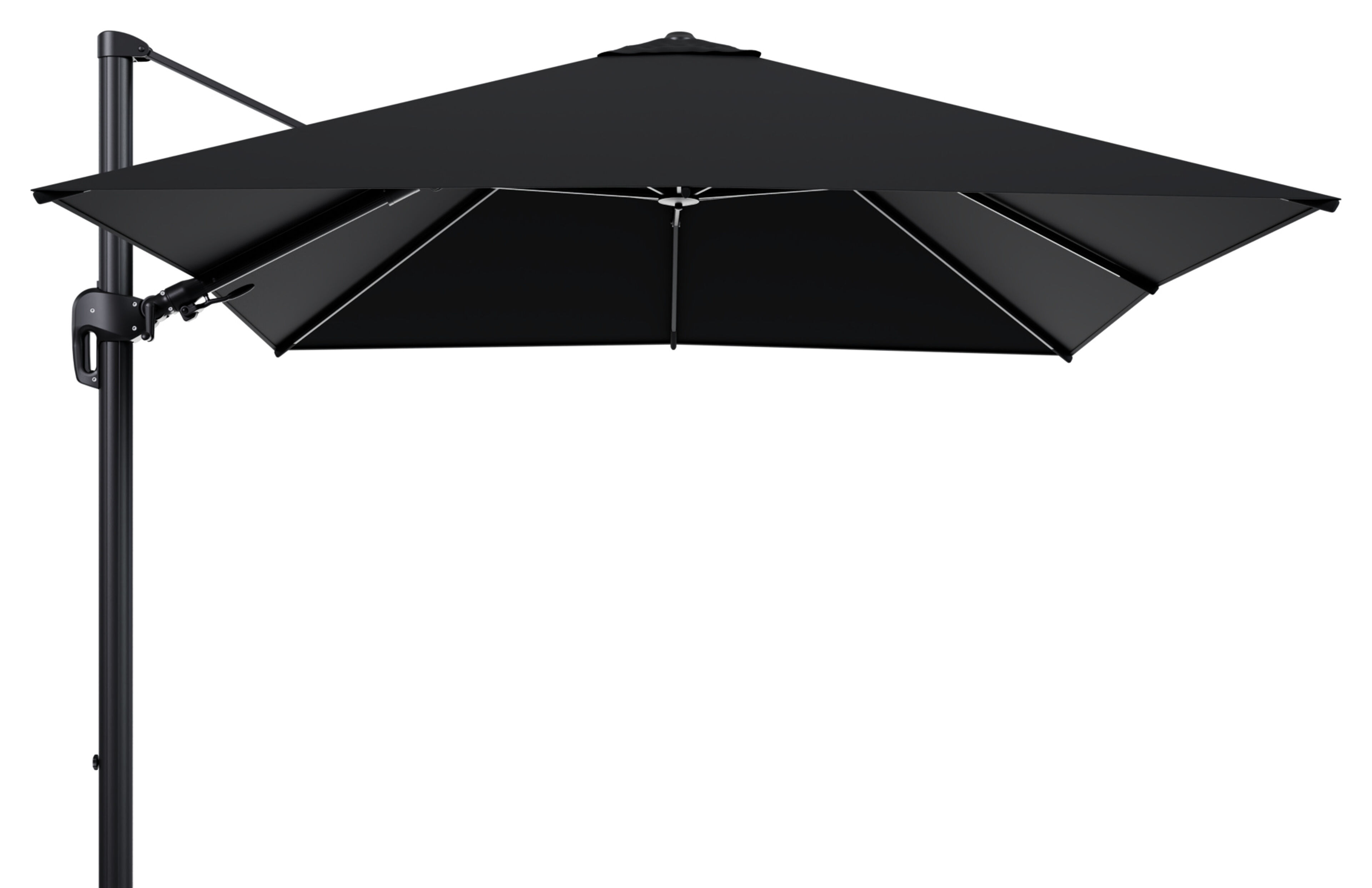 Parasol pendant Rufina avec fonction tilt en aluminium noir avec toile de parasol en all weather sunbrella® premium noir - Larg1 300 x Larg2 300 cm (sans pied de parasol)