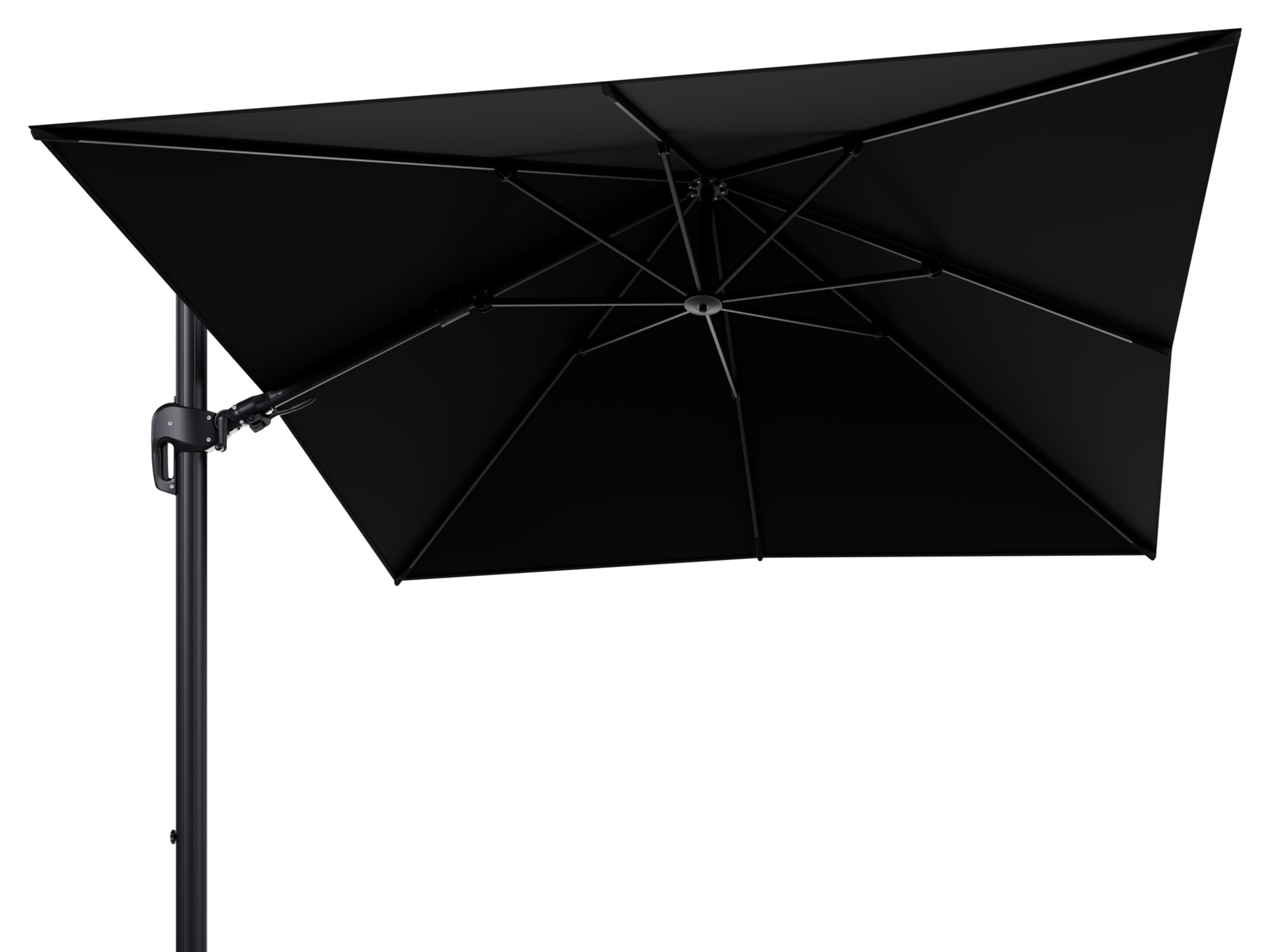 Parasol pendant Rufina avec fonction tilt en aluminium noir avec toile de parasol en all weather sunbrella® premium noir - Larg1 300 x Larg2 300 cm (sans pied de parasol)
