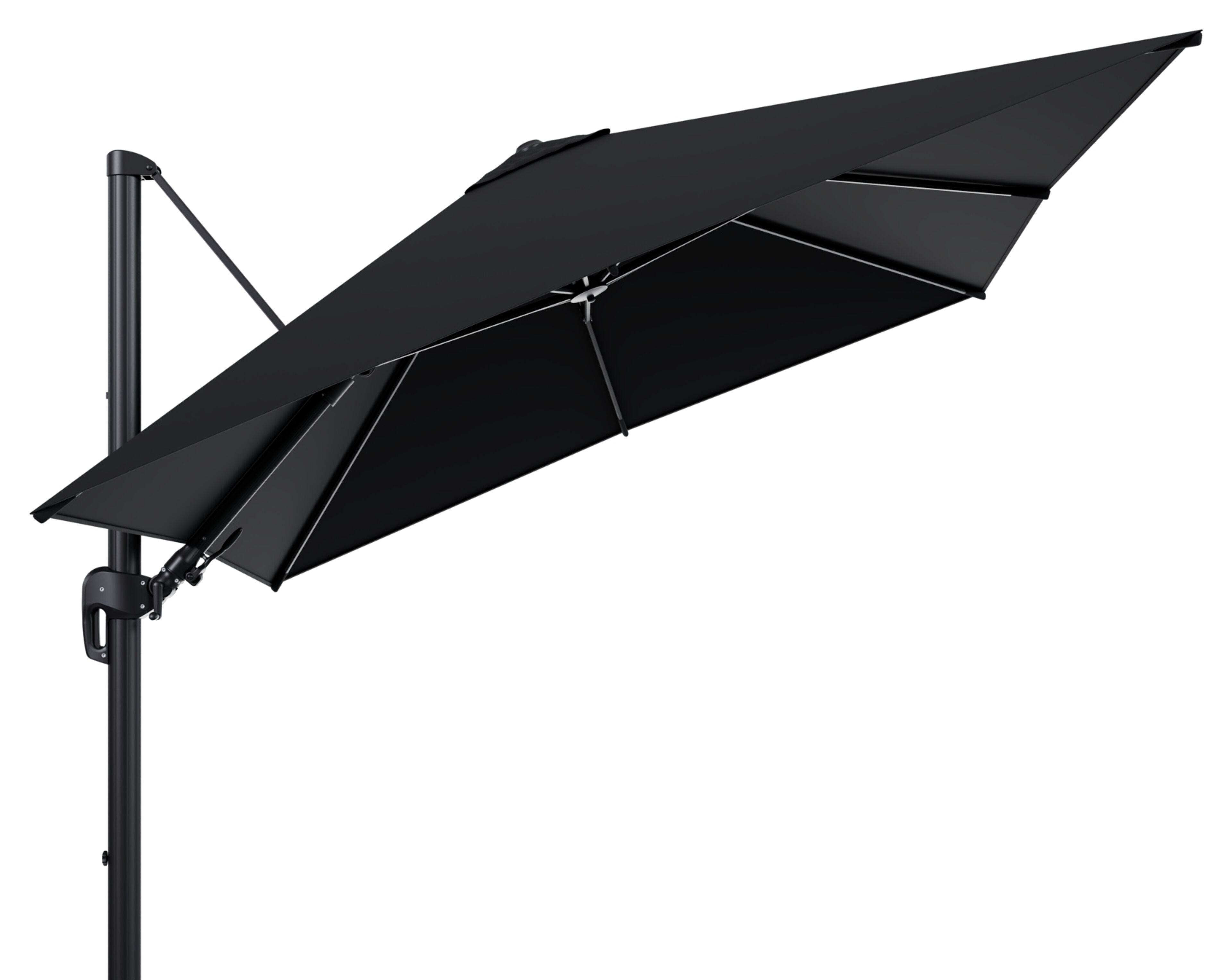 Parasol pendant Rufina avec fonction tilt en aluminium noir avec toile de parasol en all weather sunbrella® premium noir - Larg1 300 x Larg2 300 cm (sans pied de parasol)