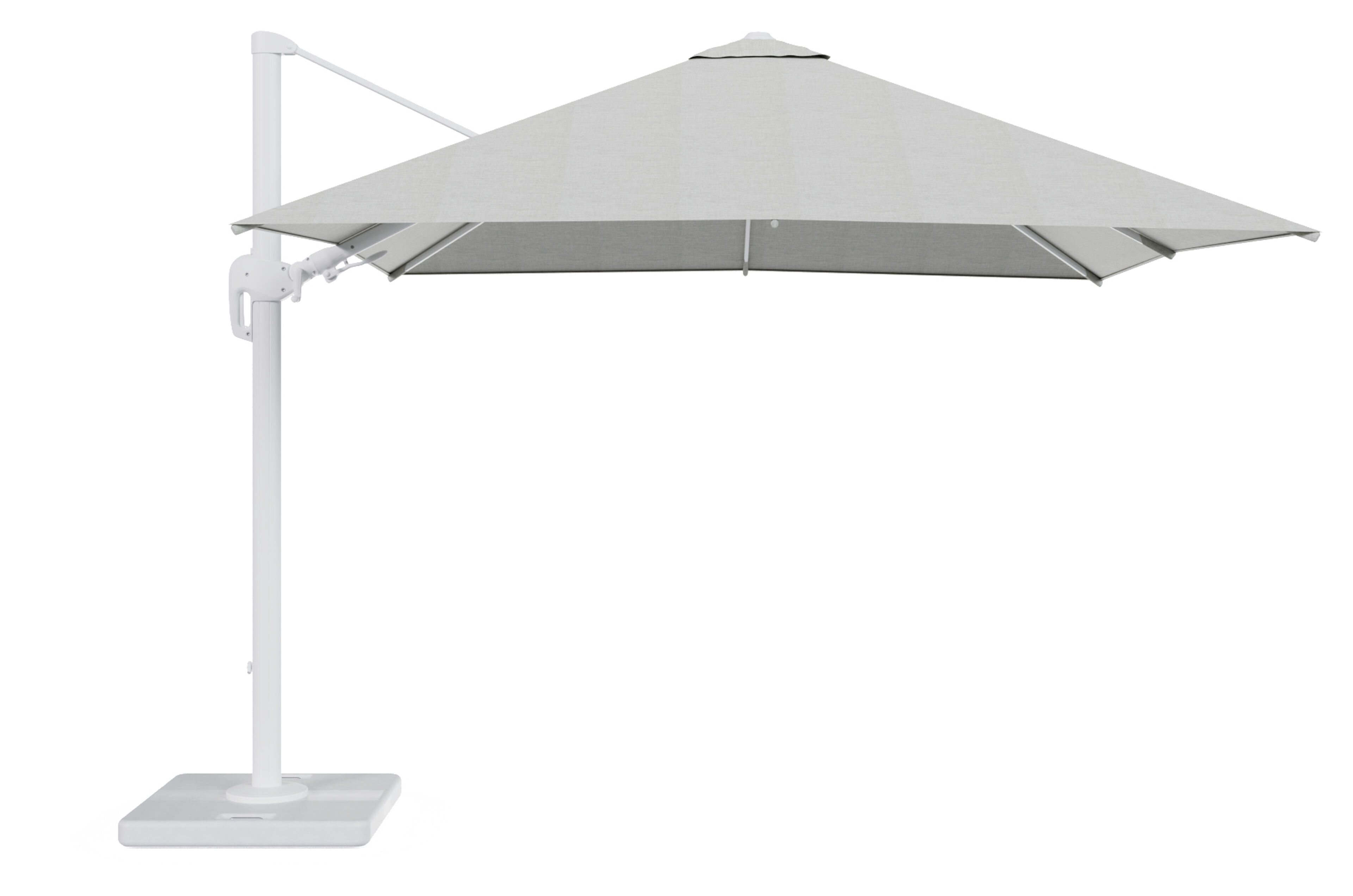 Rufina zweefparasol met tiltfunctie in wit aluminium met grijs all weather sunbrella® premium parasoldoek - L1 300 x L2 300 cm met parasolvoet Lapido 120 kg