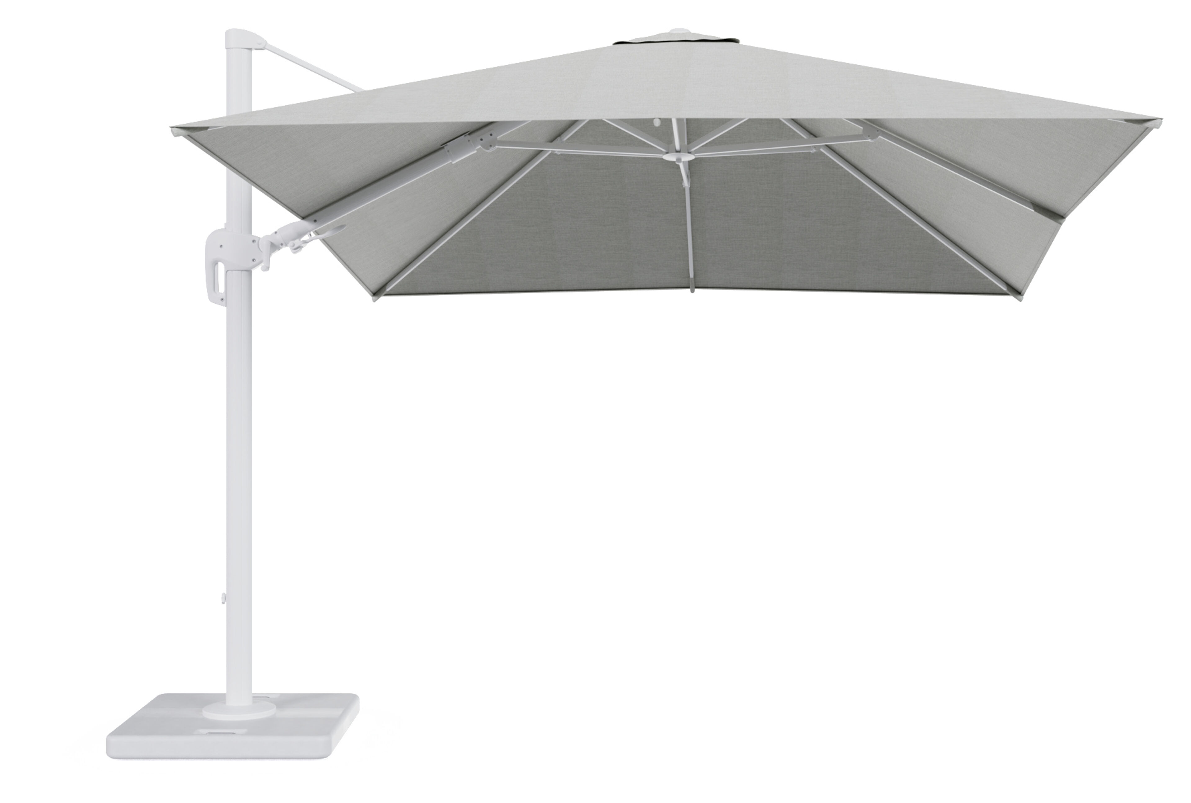 Rufina zweefparasol met tiltfunctie in wit aluminium met grijs all weather sunbrella® premium parasoldoek - L1 300 x L2 300 cm met parasolvoet Lapido 120 kg