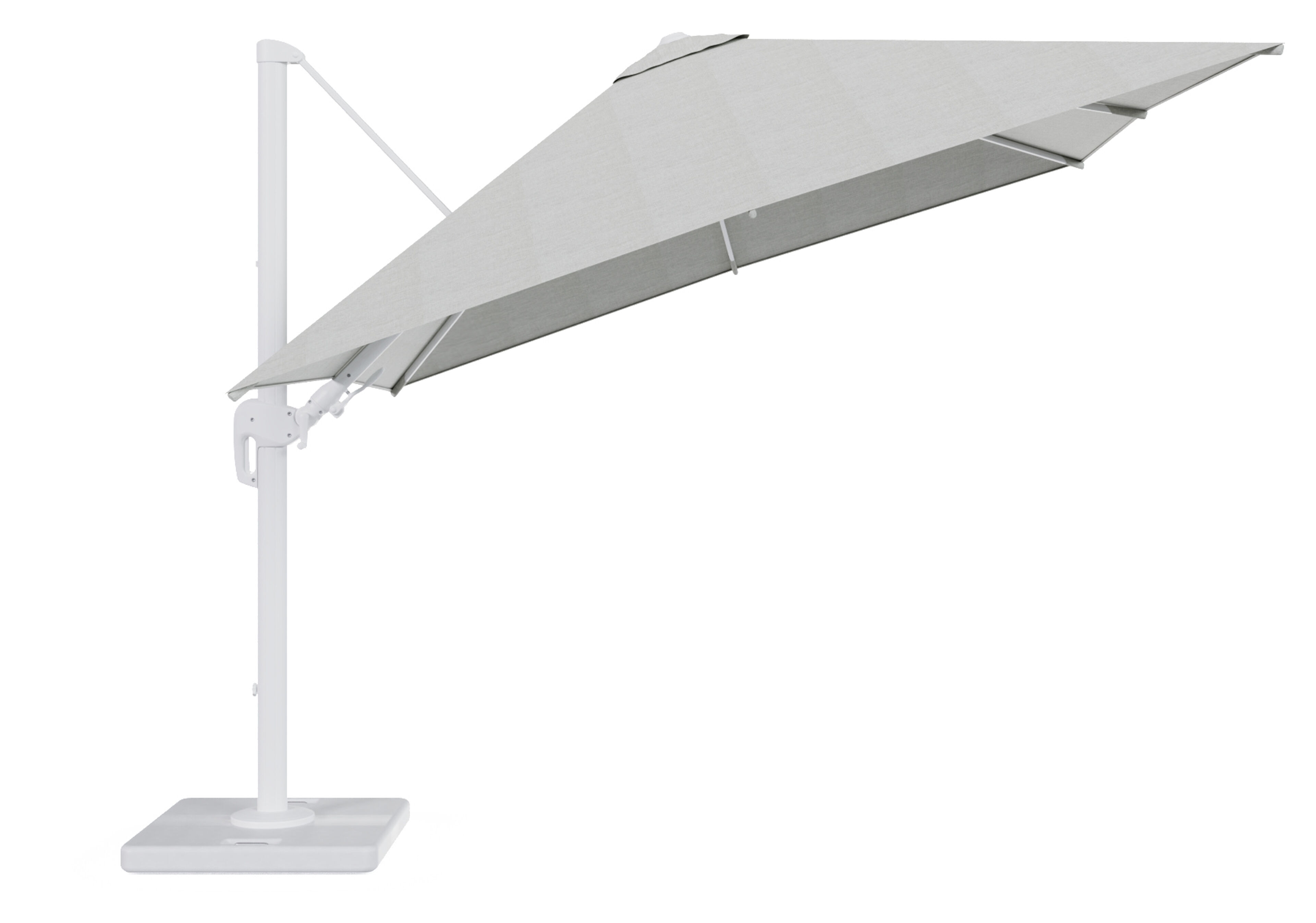 Rufina zweefparasol met tiltfunctie in wit aluminium met grijs all weather sunbrella® premium parasoldoek - L1 300 x L2 300 cm met parasolvoet Lapido 120 kg