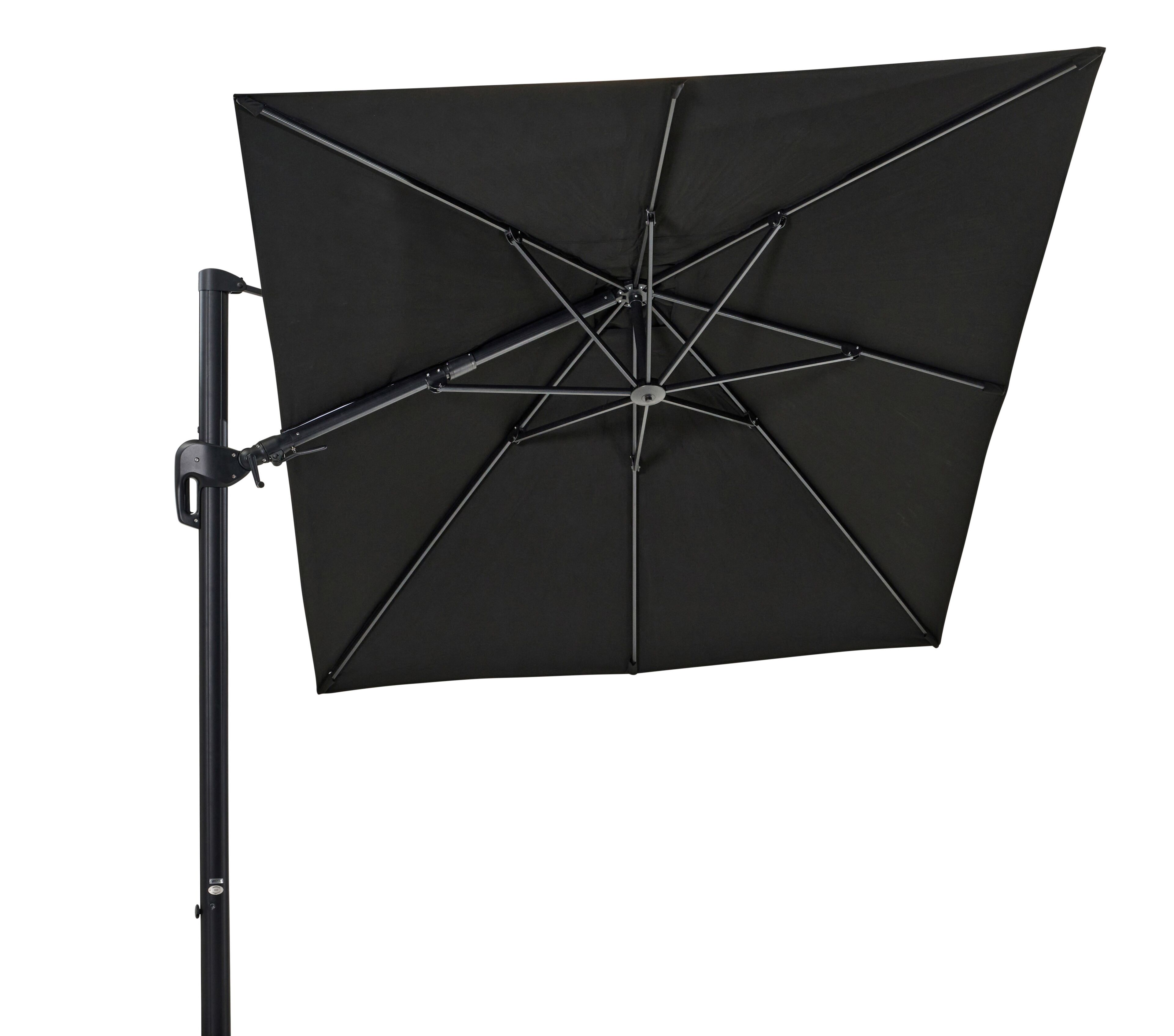 Parasol pendant Rufina avec fonction tilt en aluminium noir avec toile de parasol en all weather sunbrella® premium noir - Larg1 250 x Larg2 350 cm (sans pied de parasol)