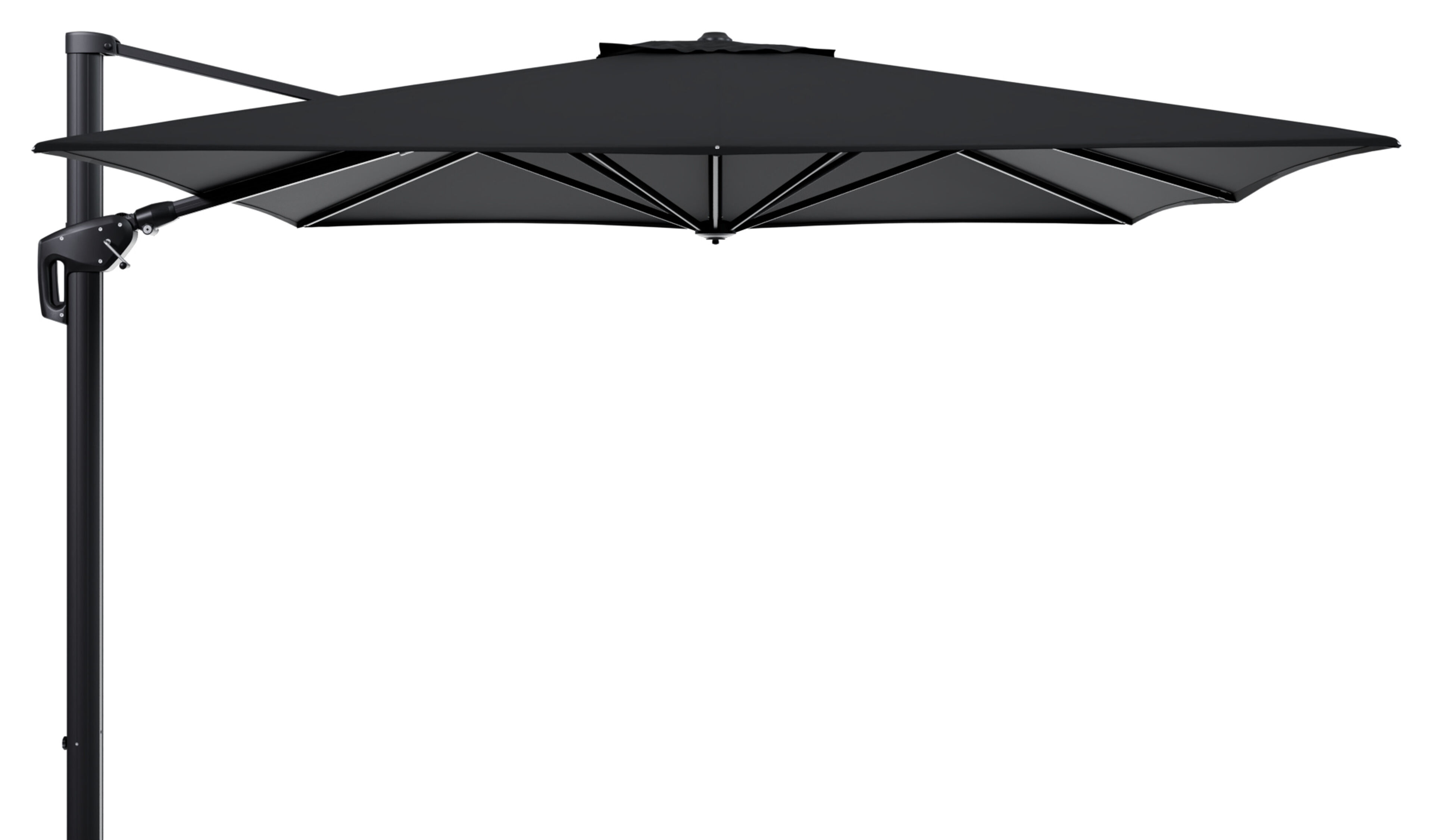 Minore zweefparasol met tiltfunctie in zwart aluminium met zwart sunbrella® premium parasoldoek - L1 350 x L2 350 cm (zonder voet)