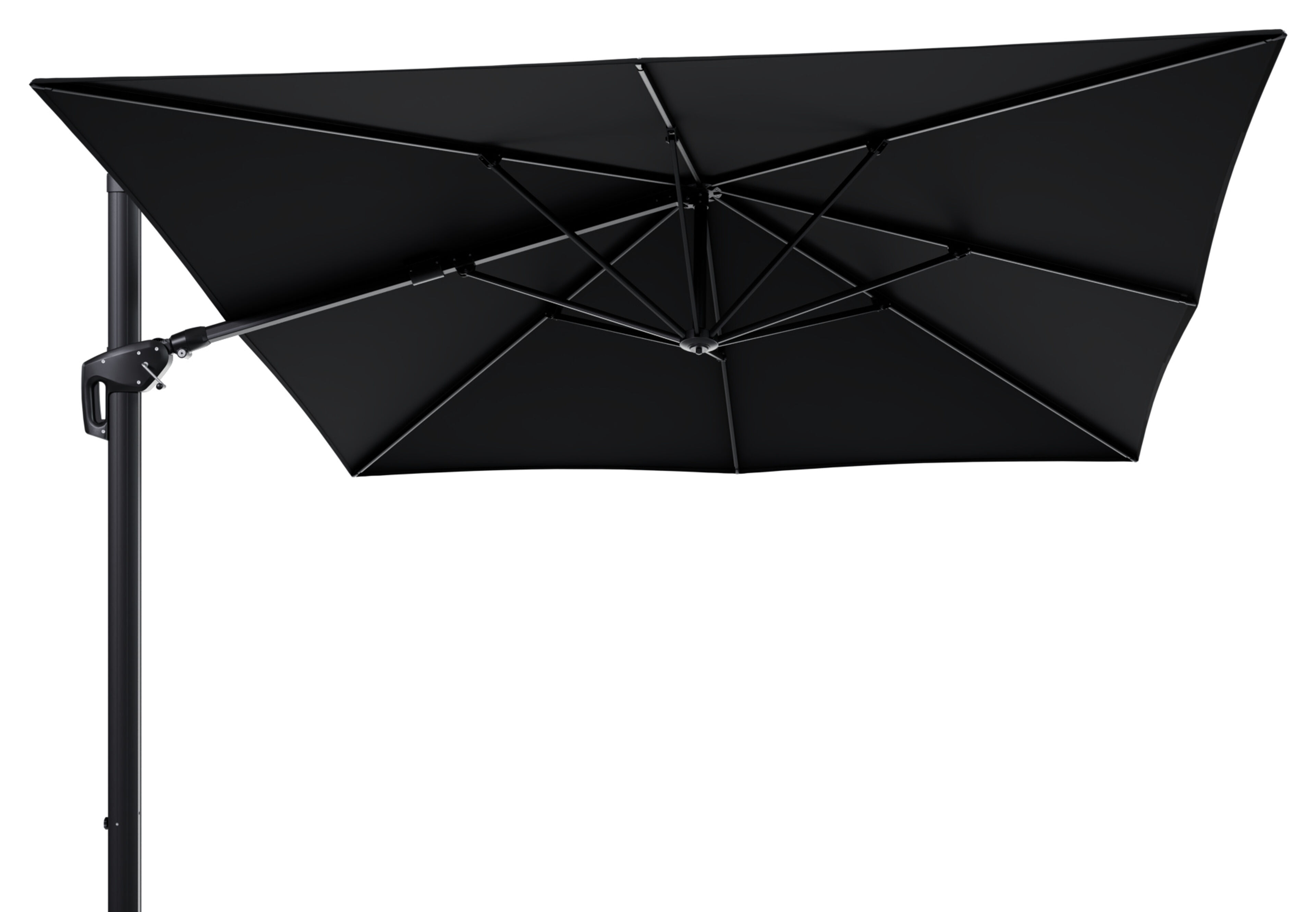 Minore zweefparasol met tiltfunctie in zwart aluminium met zwart sunbrella® premium parasoldoek - L1 350 x L2 350 cm (zonder voet)