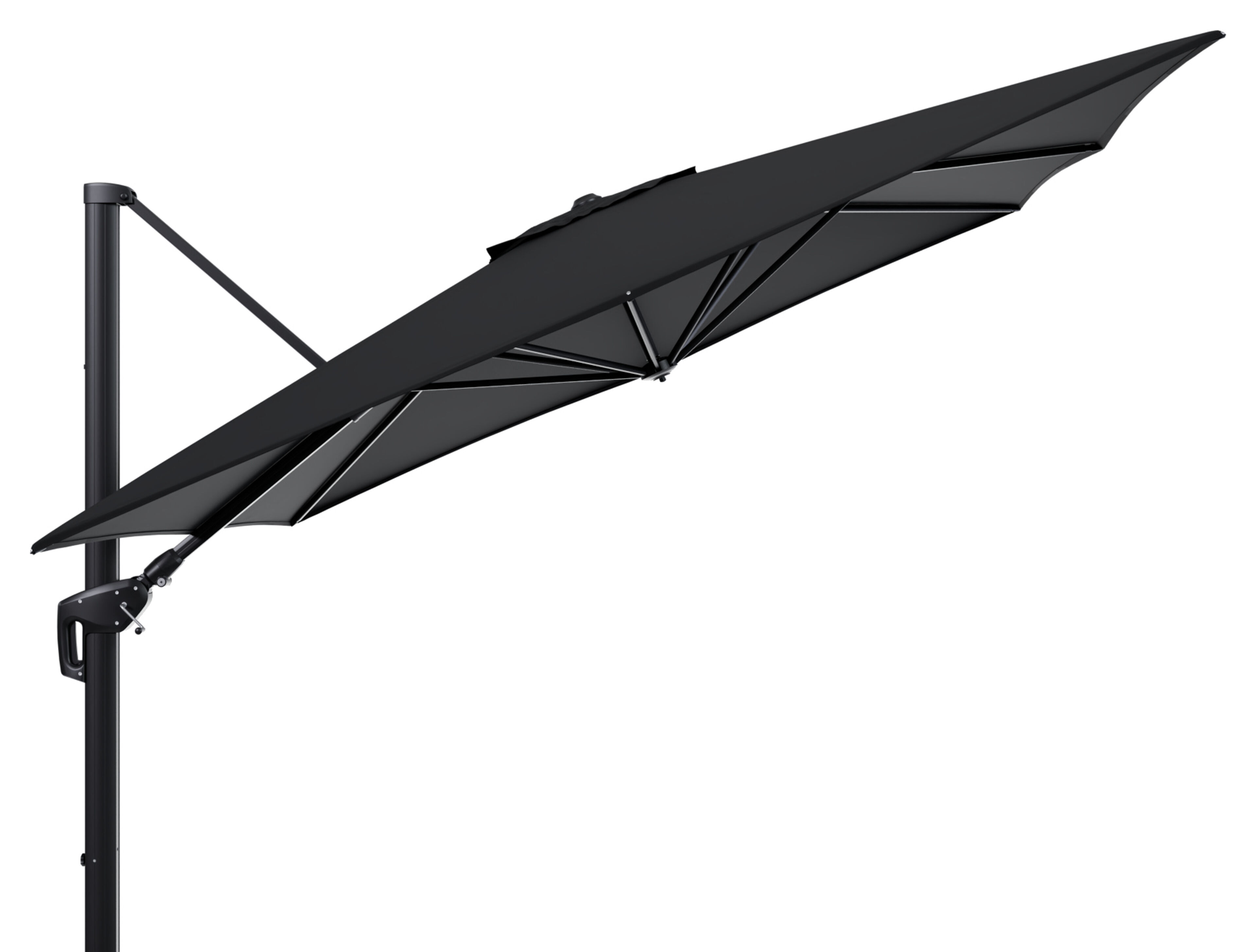 Minore zweefparasol met tiltfunctie in zwart aluminium met zwart sunbrella® premium parasoldoek - L1 350 x L2 350 cm (zonder voet)