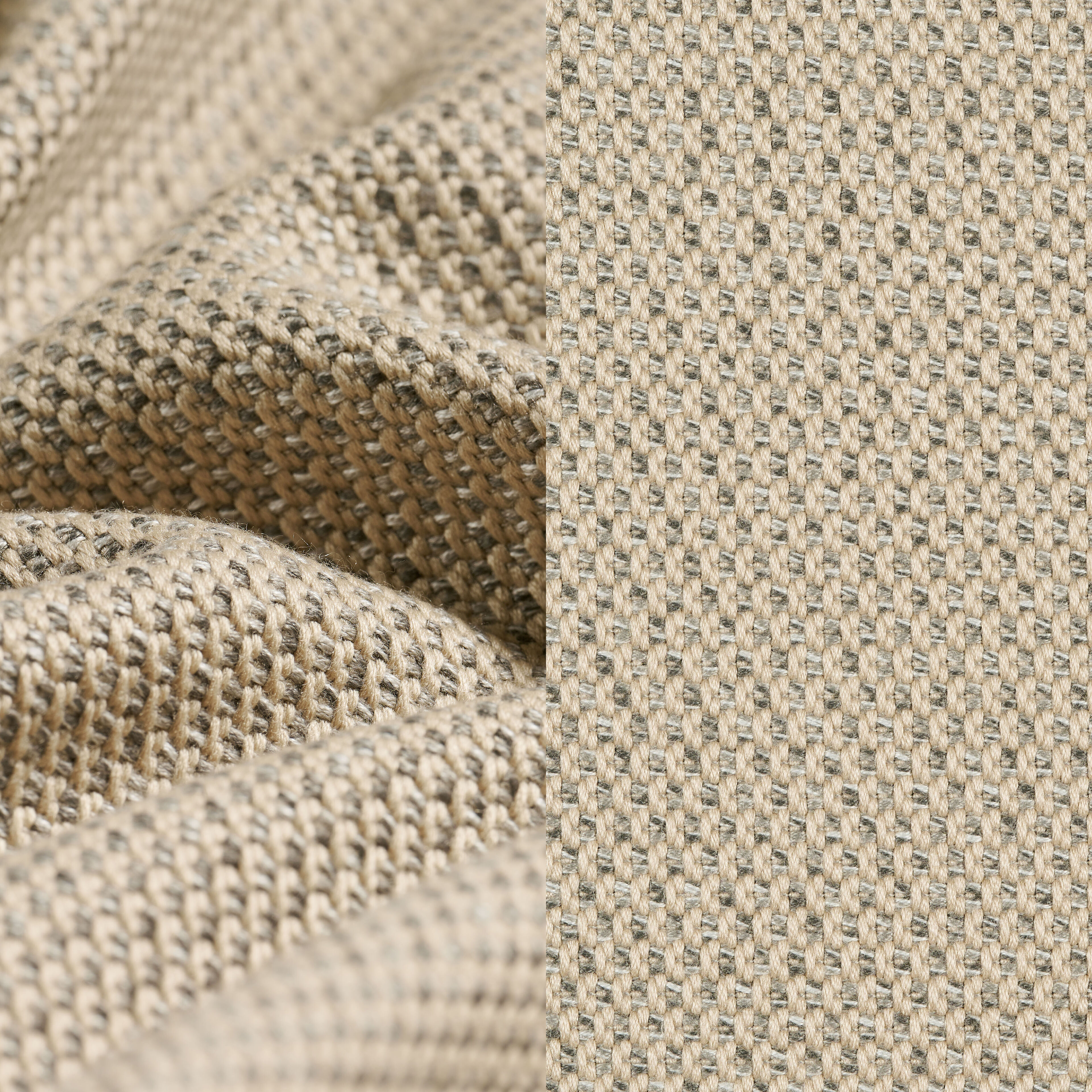 Donato loungebank in teak en beige verticaal geweven ronde rope met all weather sunbrella® luxe Lopi Sand kussen