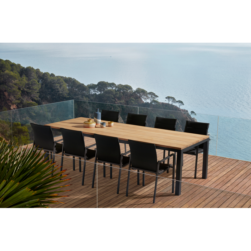 Table de jardin Como rectangulaire en aluminium noir et teck - Lg. 280 x Lrg. 110 x Haut. 75 cm