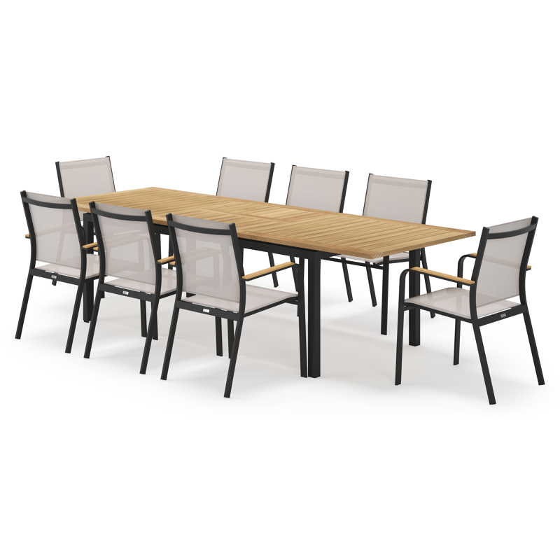 Amalfi rechthoekige uitschuifbare tuinset in zwart aluminium en teak naturel met 8 Amalfi tuinstoelen