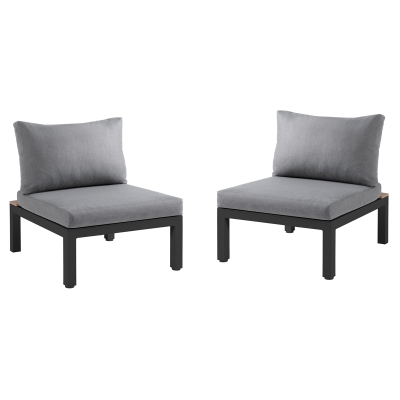 Set van 2 Toma loungestoelen in zwart aluminium en naturel polywood met grijs polyester kussen