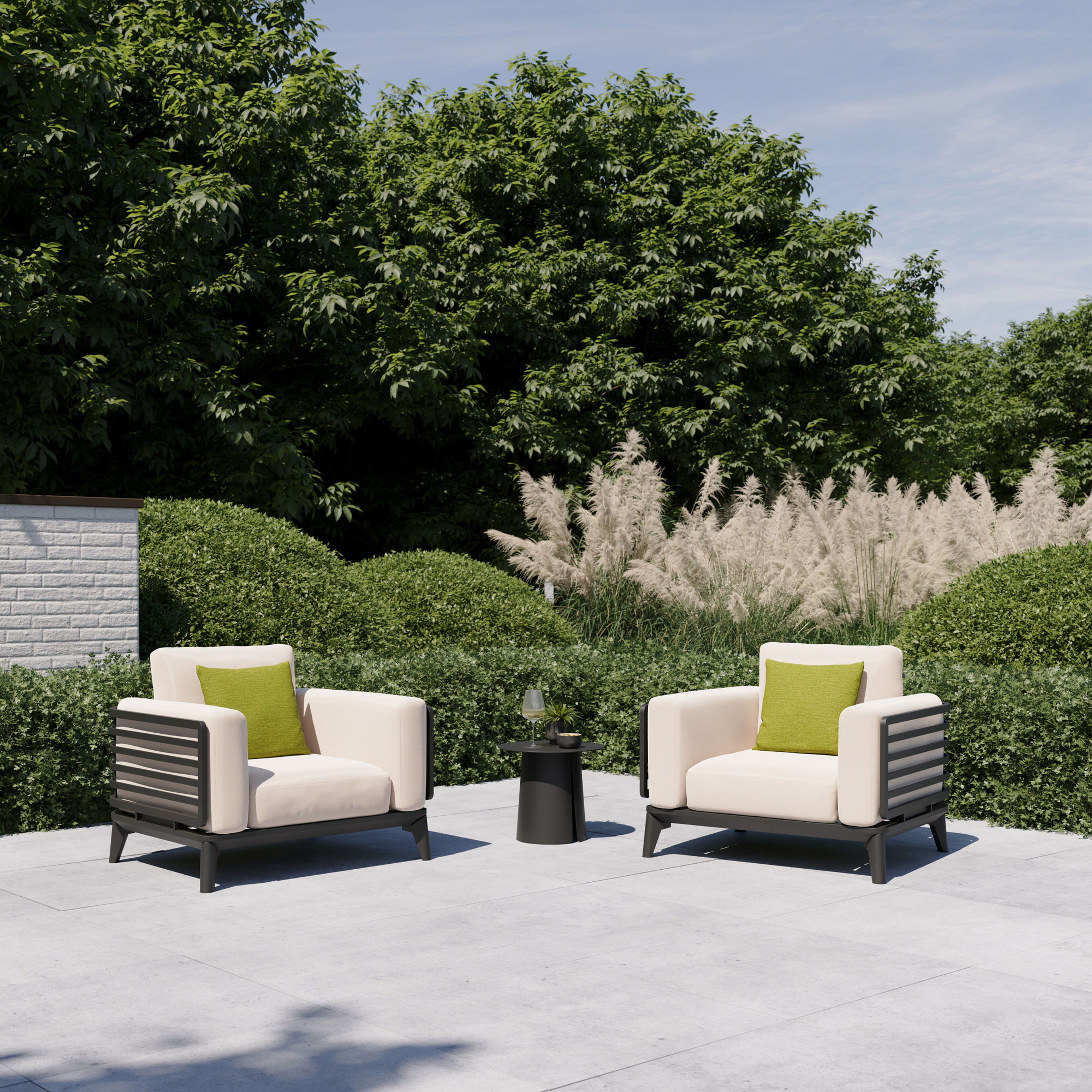 Fauteuil de jardin Mosa en aluminium noir et coussins en all weather sunbrella® premium natte linen chalk