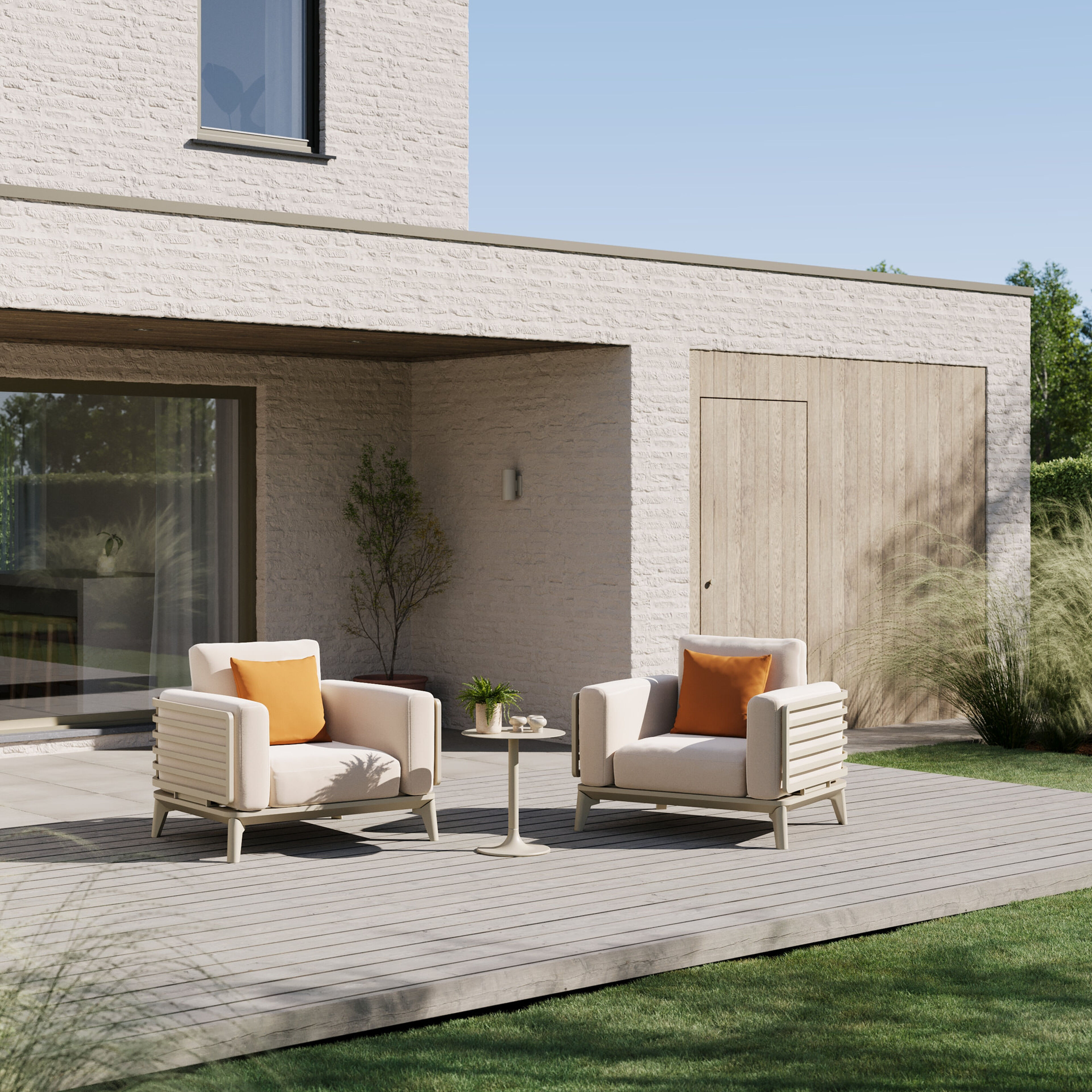 Fauteuil de jardin Mosa en aluminium beige et coussins en all weather sunbrella® premium natte linen chalk