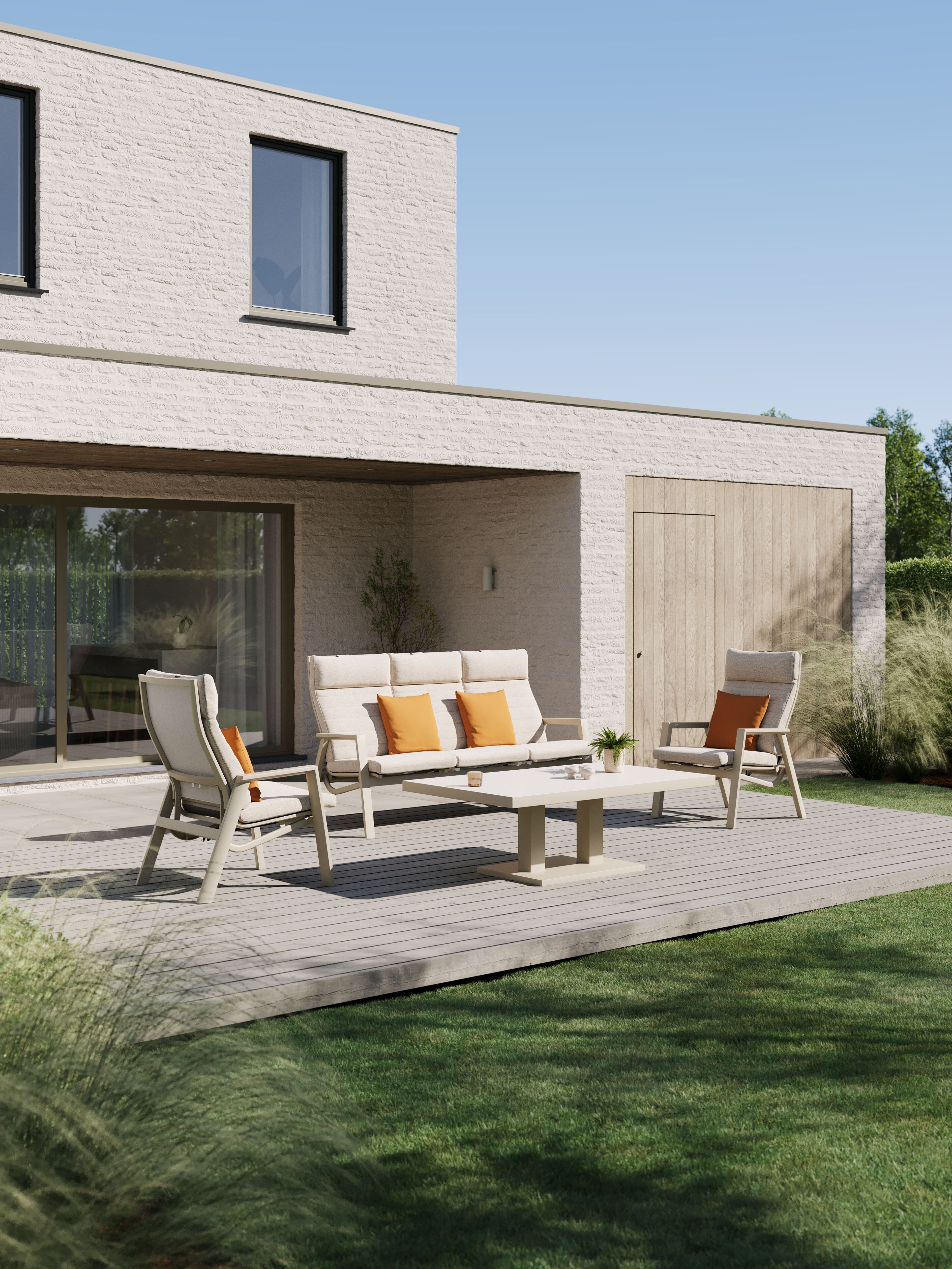 Canapé de jardin Prato en aluminium beige et coussins en weather+ softtouch rustic