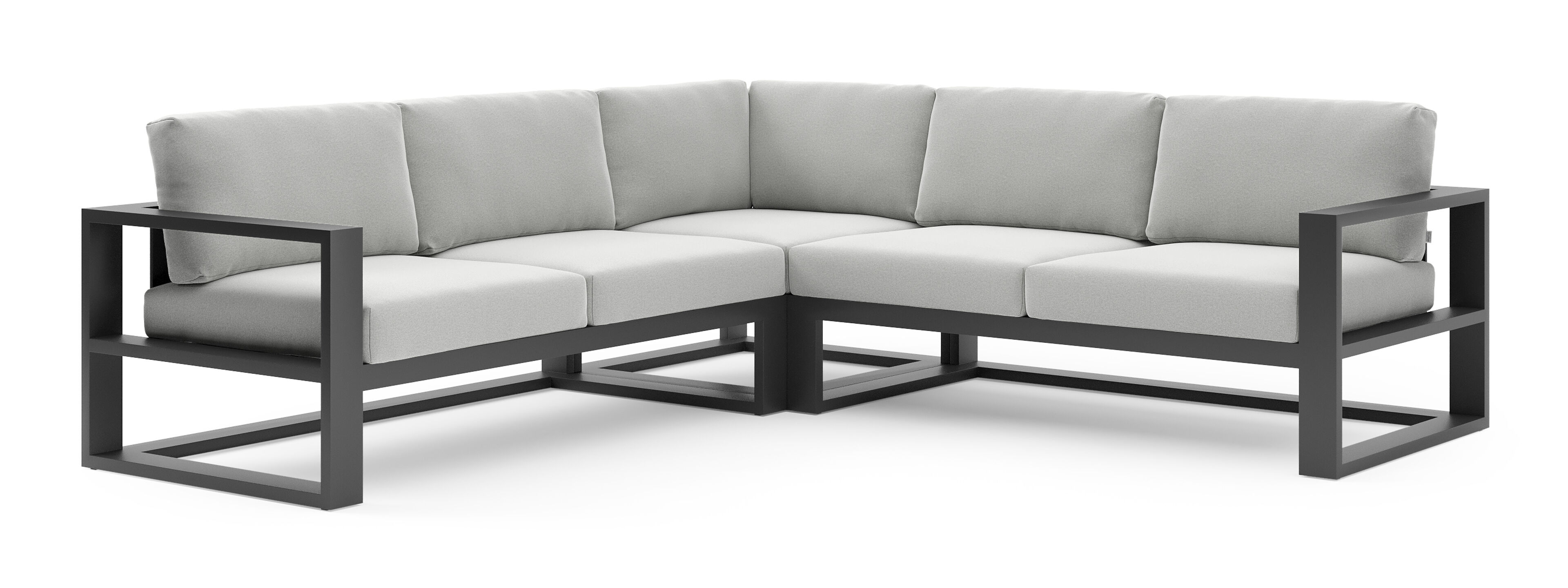 Salon de jardin d'angle Verato en aluminium noir et coussins en all weather sunbrella® luxe natte grey chine