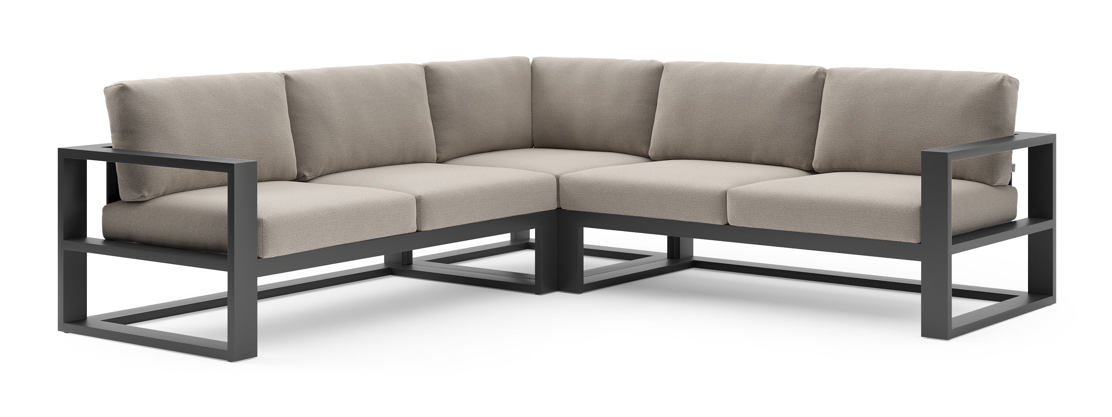 Salon de jardin d'angle Verato en aluminium noir et coussins en all weather sunbrella® luxe savane coconut