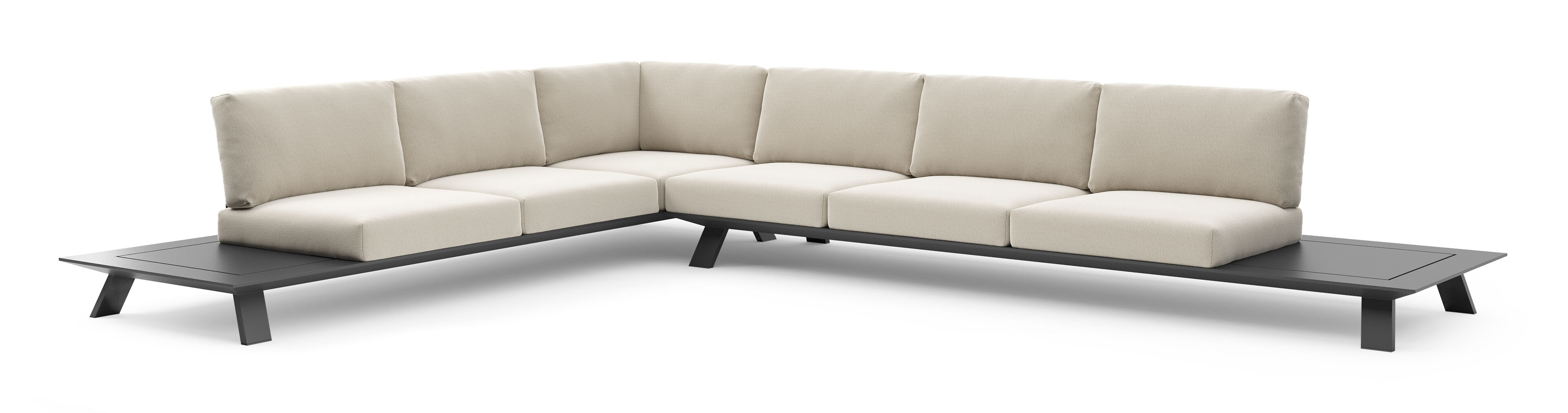 Salon de jardin d'angle Cesano en aluminium noir et coussin en all weather Sunbrella® luxe lopi marble
