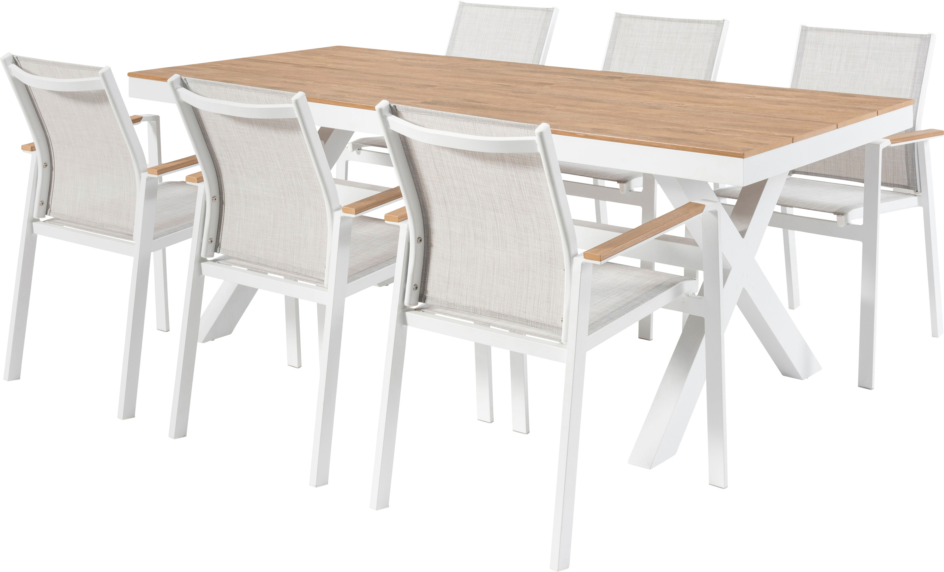 Ensemble de jardin Bahia en aluminium blanc avec plateau de table en polywood et 6 chaises de jardin empilables Bahia