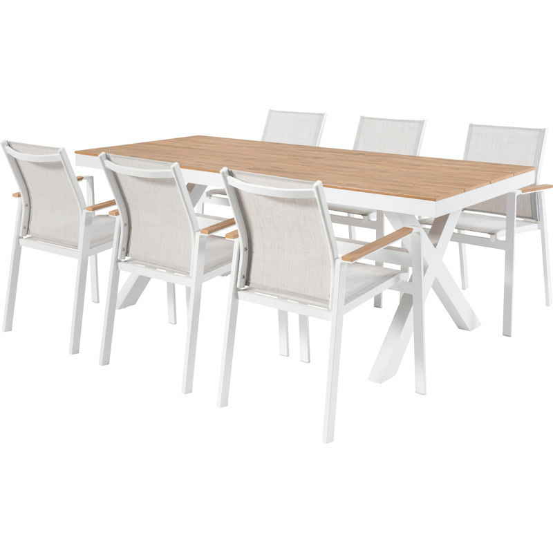 Bahia tuinset in wit aluminium en polywood tafelblad met 6 stapelbare Bahia tuinstoelen