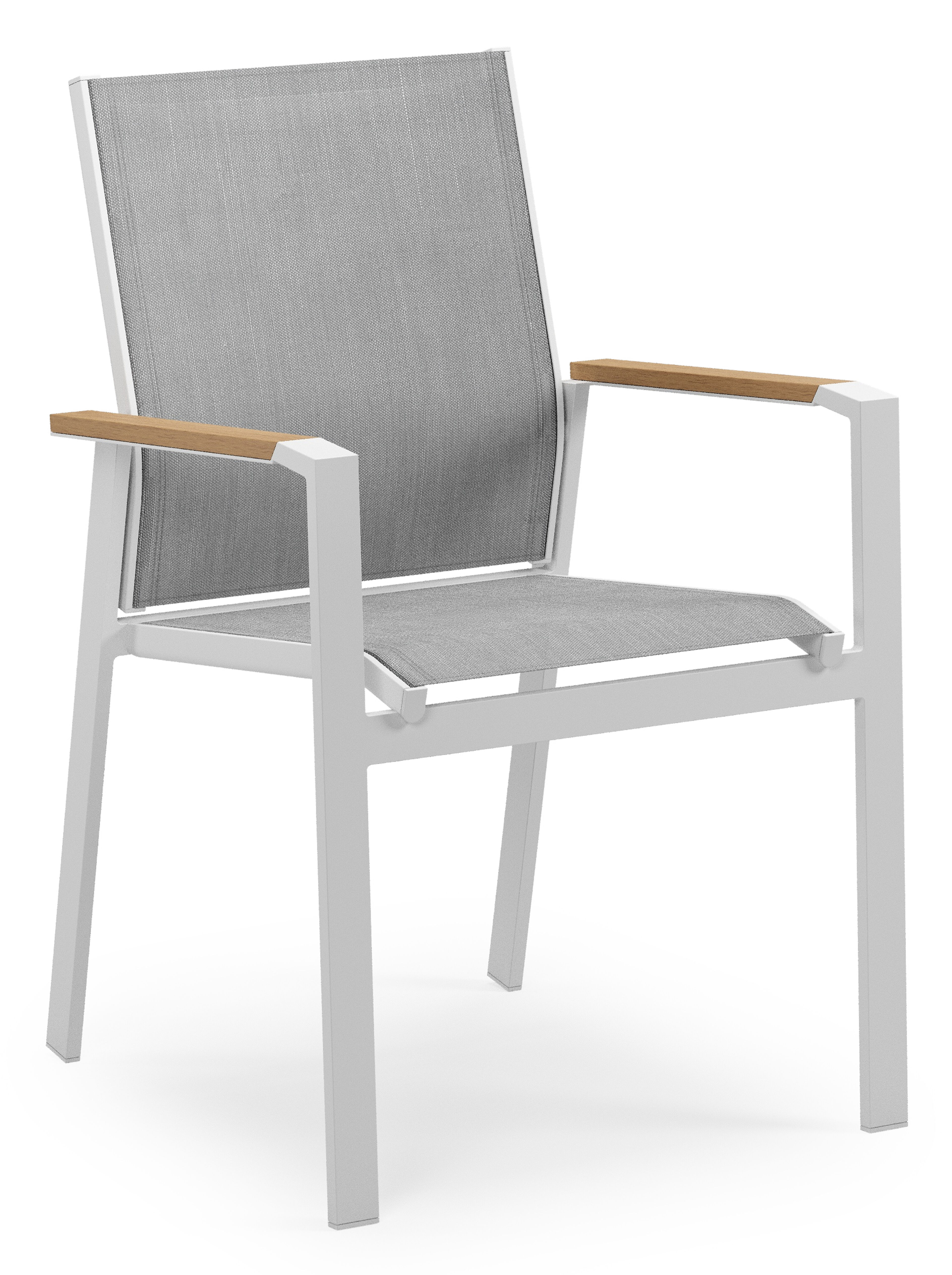 Chaise de jardin empilable Bahia in aluminium blanc et textilène gris et accoudoir en polywood armleuning