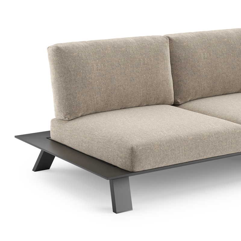 Salon de jardin d'angle Cesano en aluminium noir et coussin en all weather Sunbrella® luxe chartres pewter