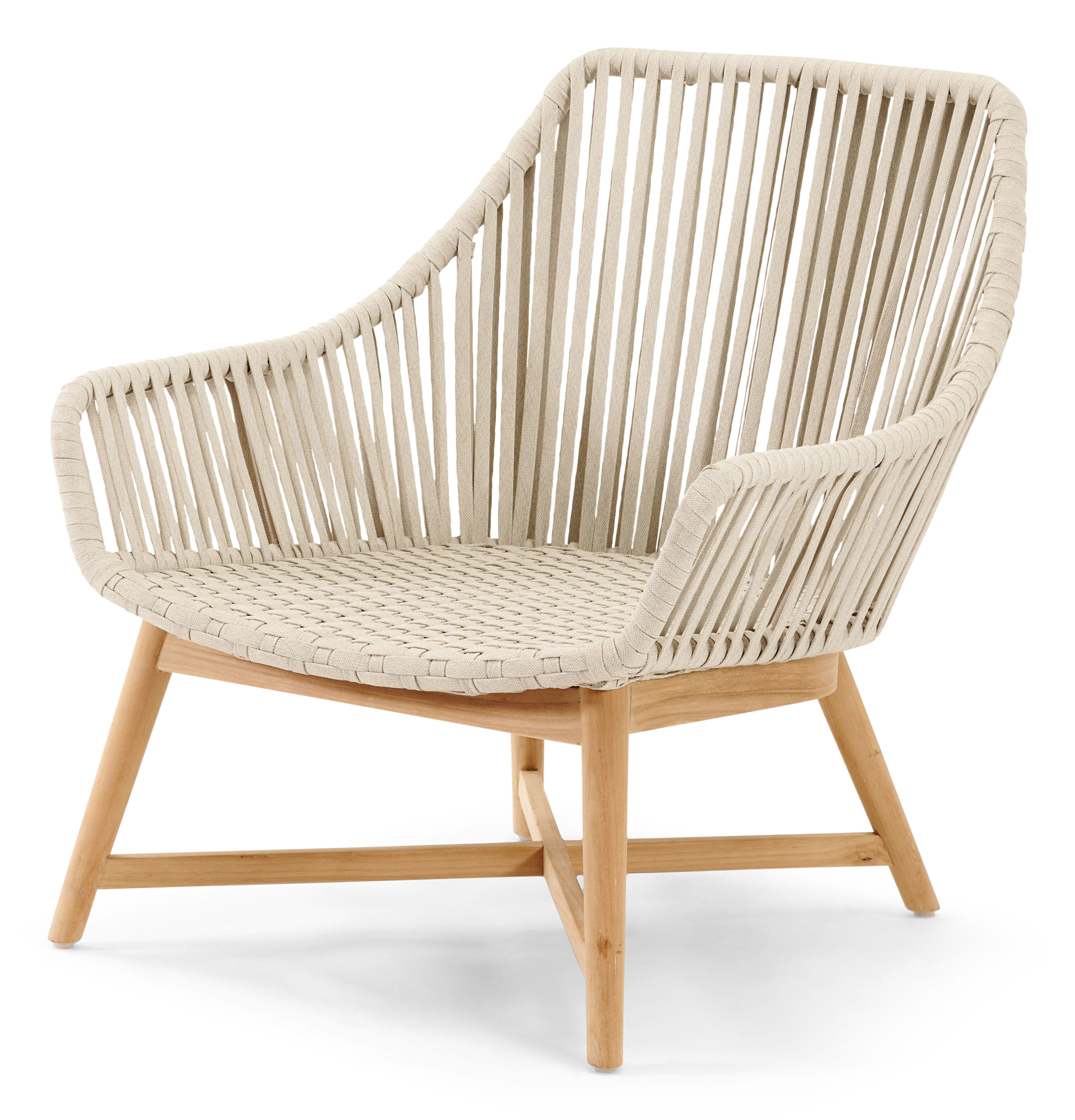 Borgo loungestoel in teak en beige verticaal geweven vlakke rope