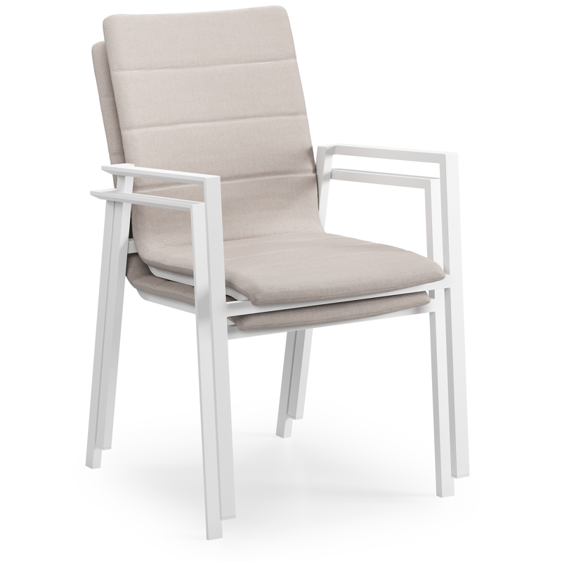 Cirello stapelbare tuinstoel in wit aluminium en beige luxe textileen