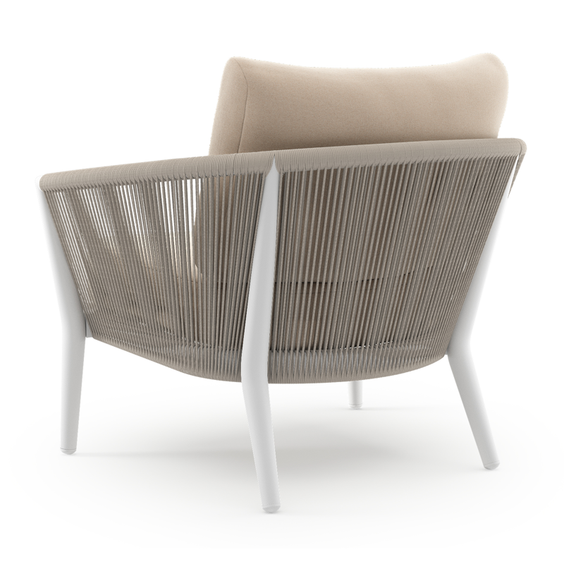 Orso loungestoel 1-zit in wit aluminium en beige verticaal geweven ronde rope met natte linen chalk all weather sunbrella® luxe kussen